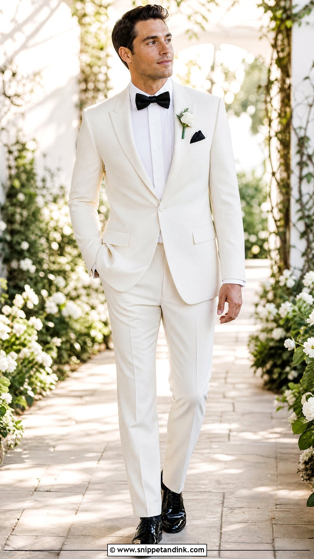 White Suit With Bow Tie Bride Outfit - Snippet and Ink - 25 Masc Bride Wedding Outfits