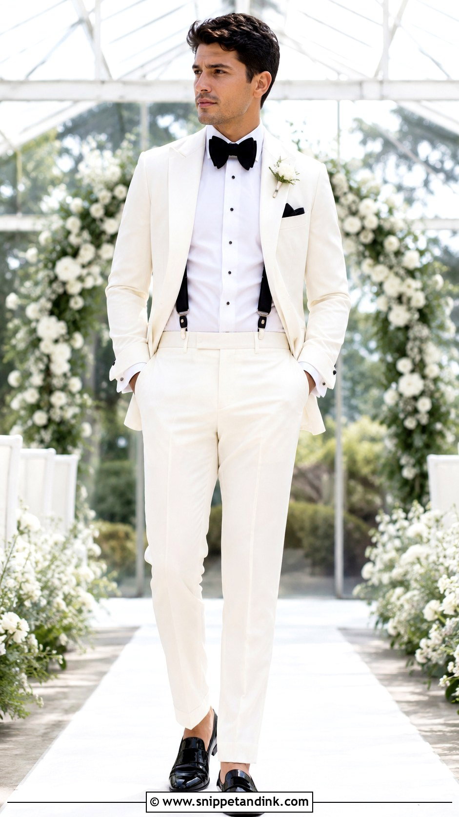 White Suit With Bow Tie Wedding Look - Snippet and Ink - 20 Masc Wedding Dress Ideas
