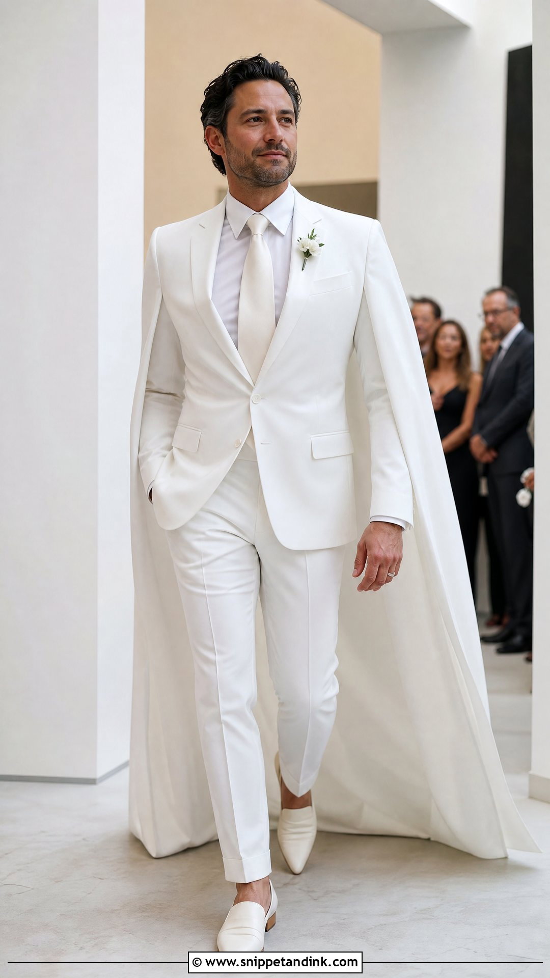 White Suit With Cape Bride Outfit - Snippet and Ink - 25 Masc Bride Wedding Outfits