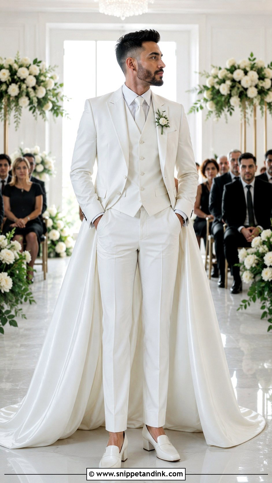 White Suit With Detachable Train - Snippet and Ink - 20 Masc Wedding Dress Ideas