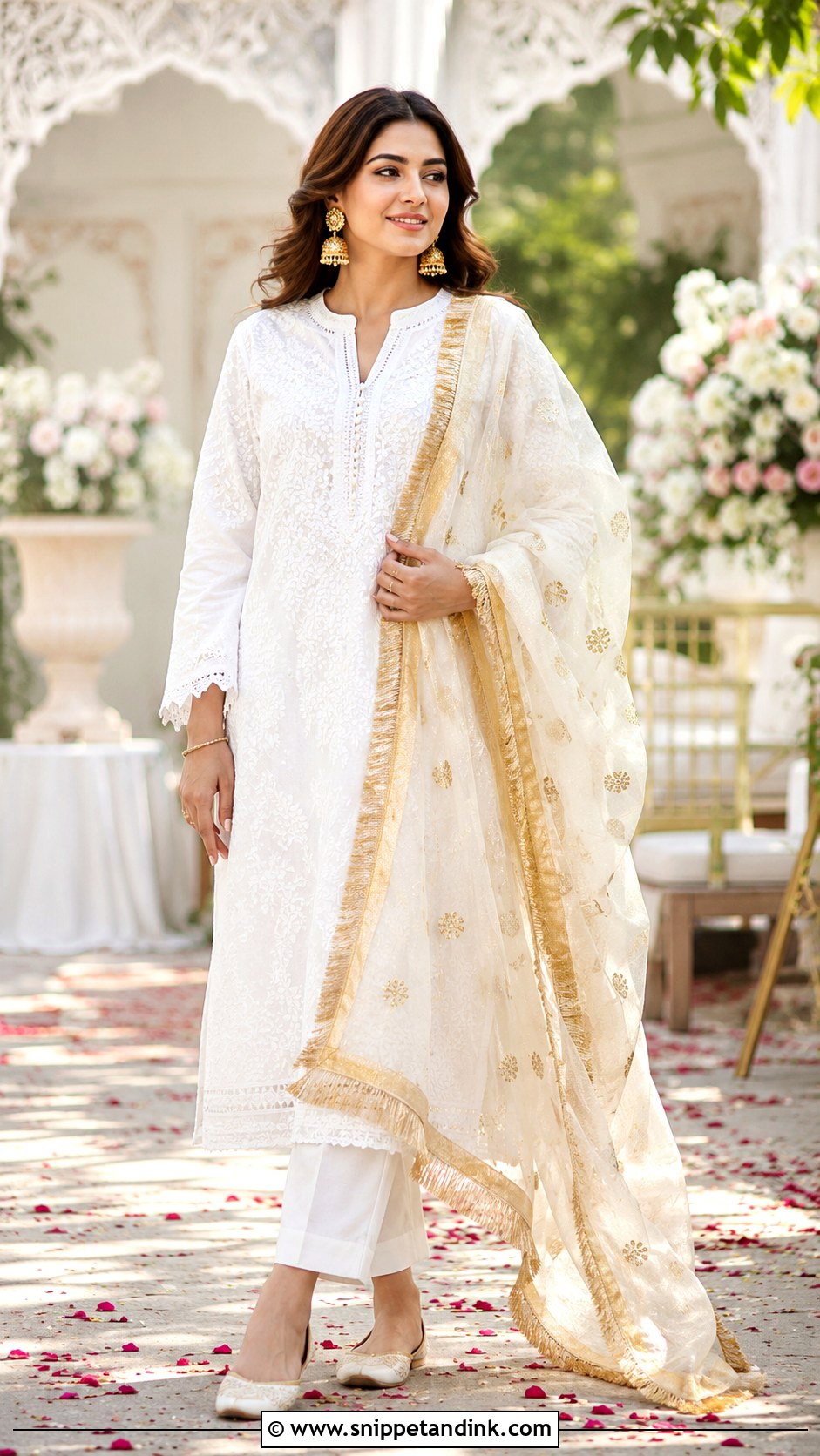 White Suit With Gold Kiran Dupatta - Snippet and Ink - 20 Kiran Dupatta Ideas