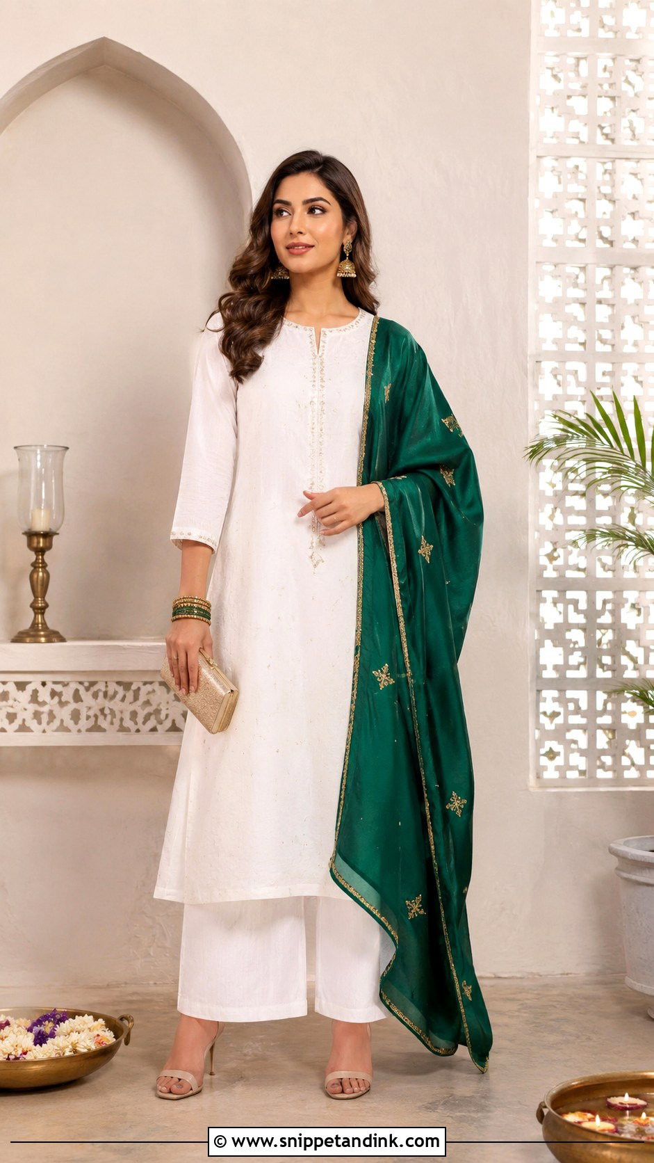 White Suit With Green Dupatta - Snippet and Ink - 30 White Suit with Coloured Dupatta Ideas