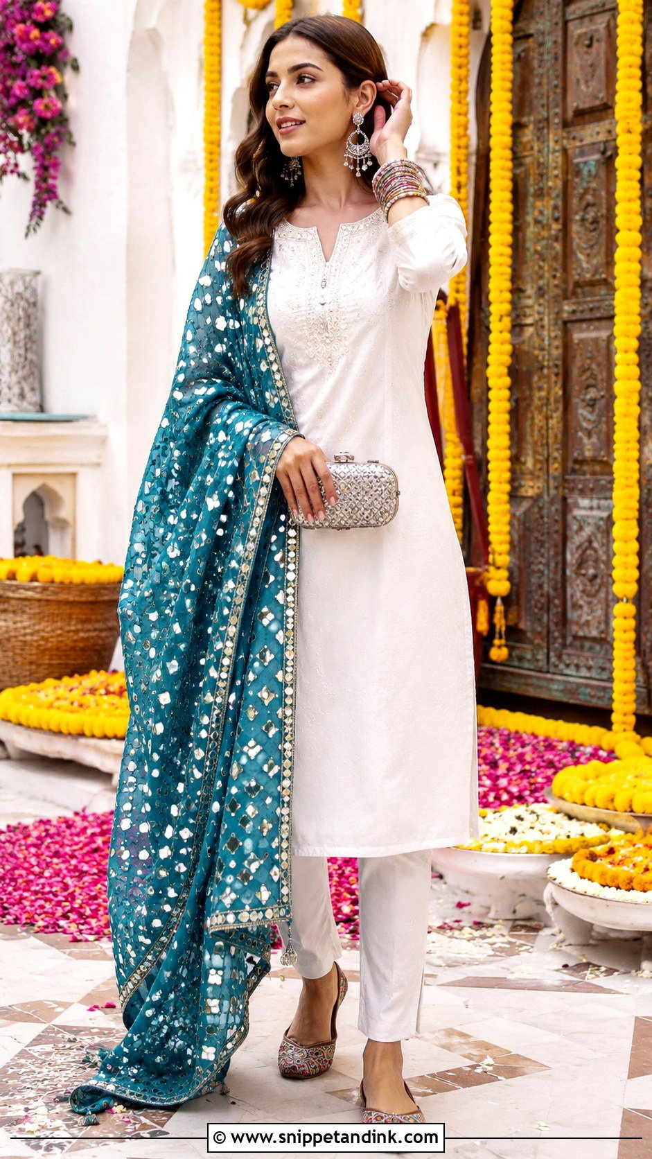 White Suit With Mirror Work Dupatta - Snippet and Ink - 30 White Suit with Coloured Dupatta Ideas