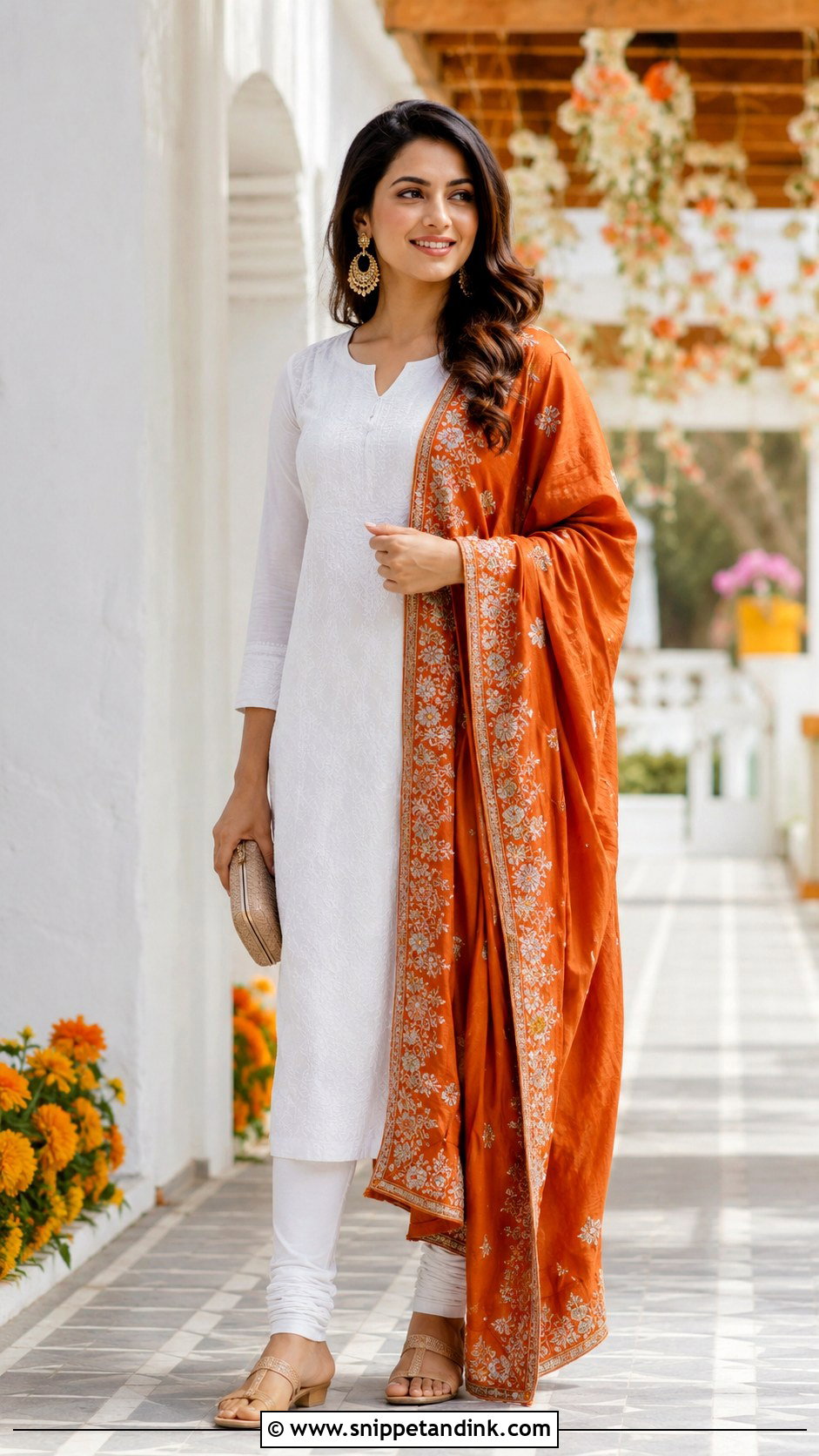 White Suit With Orange Dupatta - Snippet and Ink - 30 White Suit with Coloured Dupatta Ideas