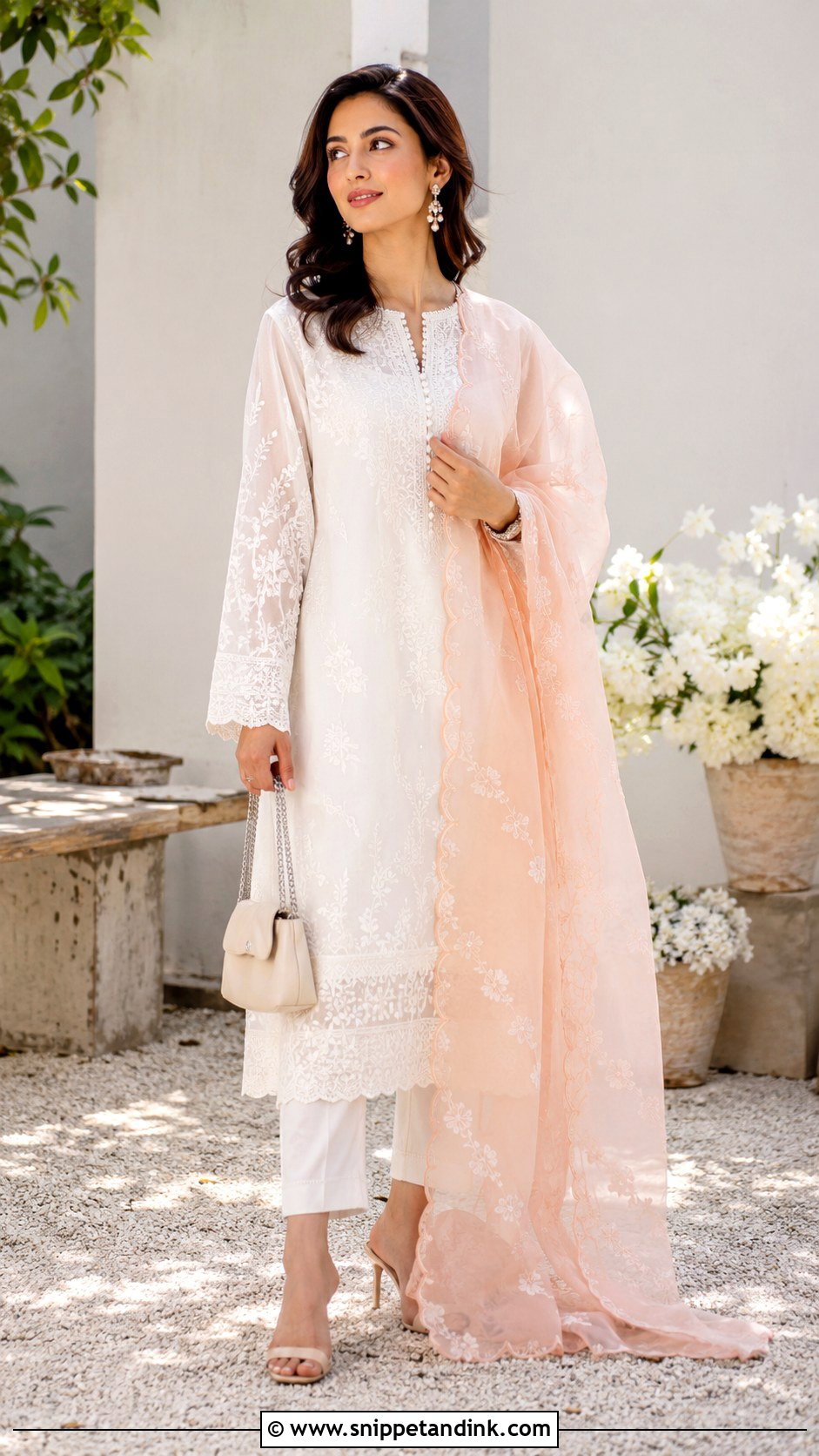 White Suit With Organza Dupatta - Snippet and Ink - 30 White Suit with Coloured Dupatta Ideas