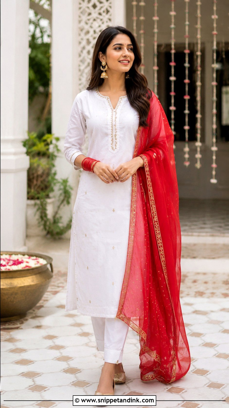 White Suit With Red Dupatta - Snippet and Ink - 30 White Suit with Coloured Dupatta Ideas