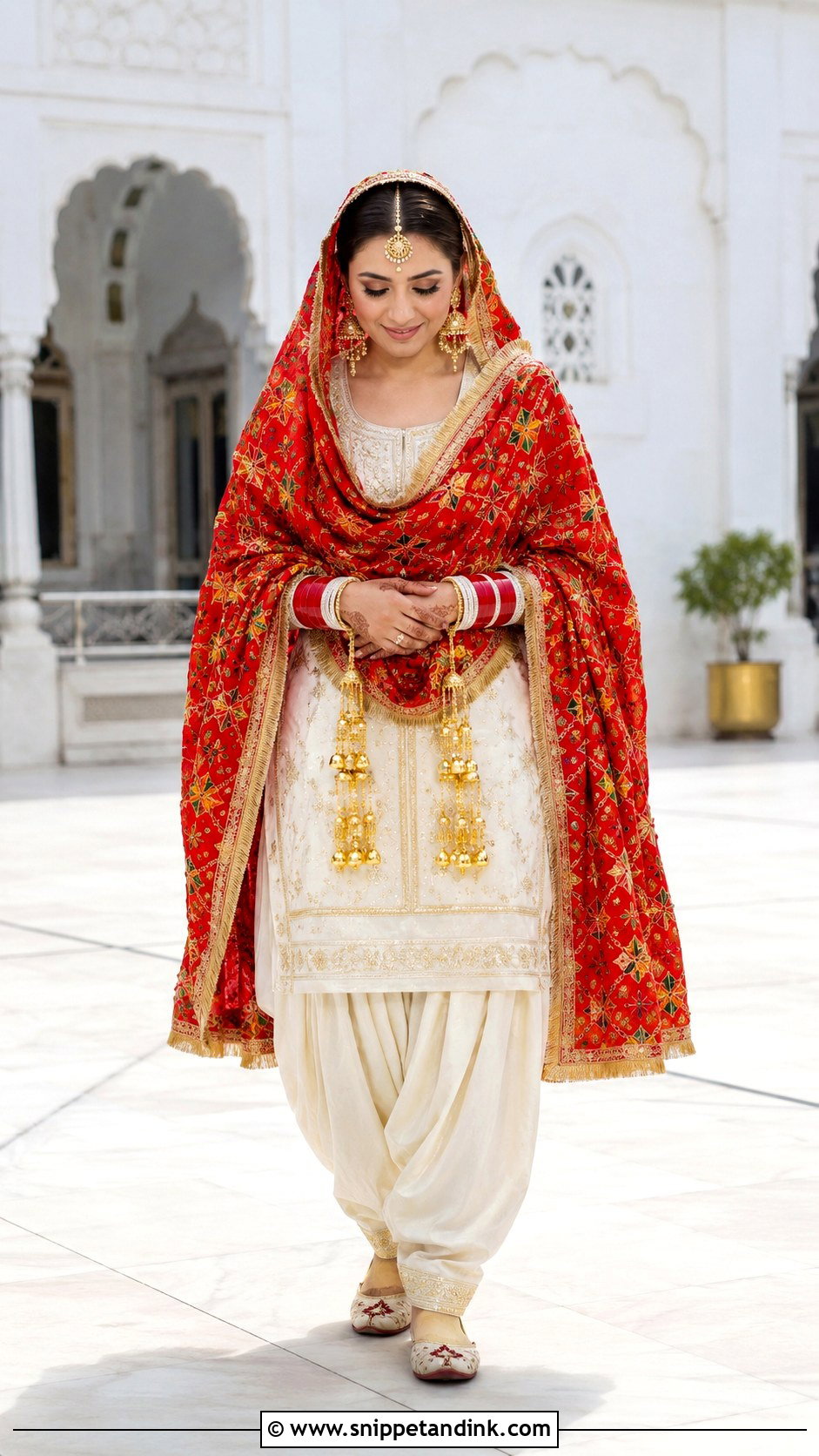 White Suit With Red Phulkari Dupatta For Anand Karaj Bride - Snippet and Ink - 20 Anand Karaj Suit Bride Ideas