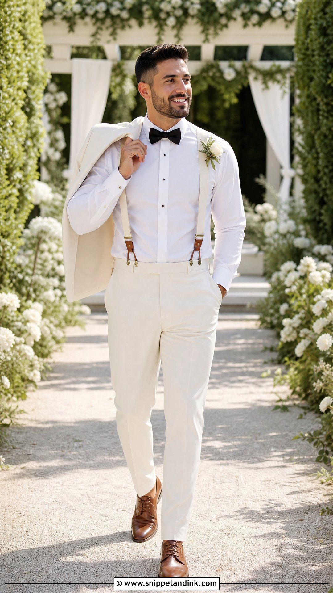 White Suit With Suspenders Bride Outfit - Snippet and Ink - 25 Masc Bride Wedding Outfits