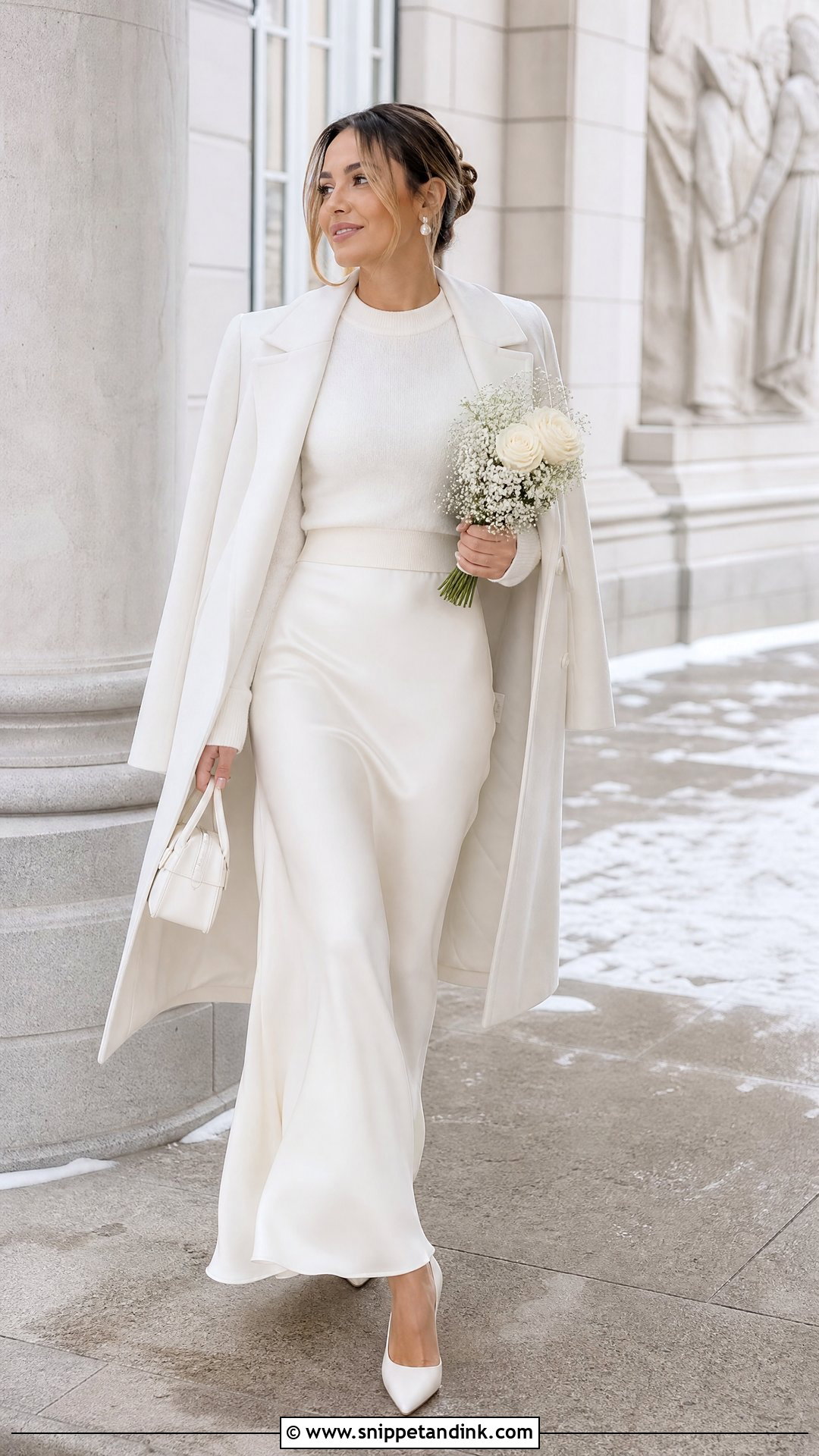 White Sweater And Satin Skirt Bridal Outfit - Snippet and Ink - 20 White Bridal Outfits