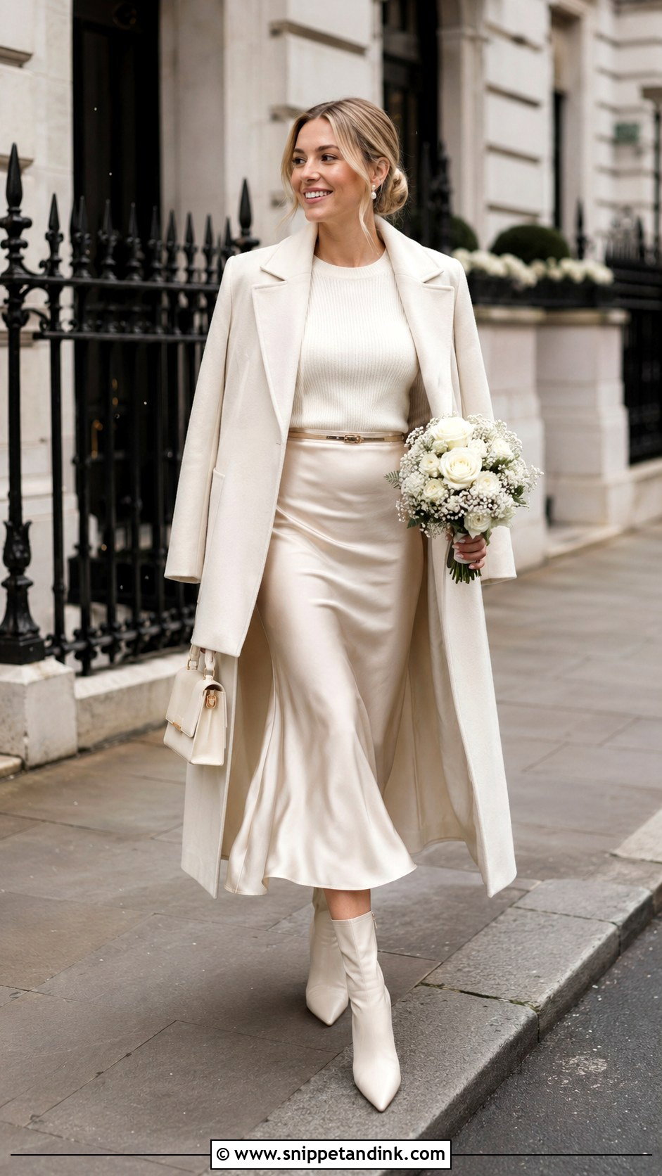 White Sweater And Satin Skirt Outfit - Snippet and Ink - 20 Ms to Mrs Ideas