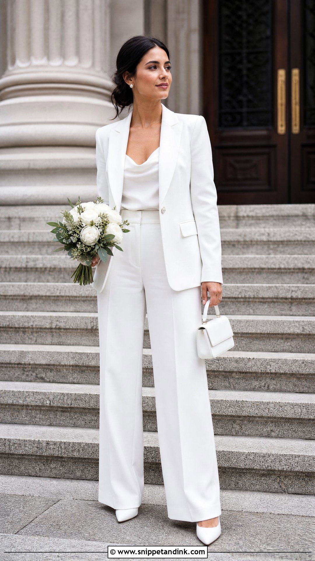 White Tailored Pantsuit Bridal Outfit - Snippet and Ink - 20 White Bridal Outfits