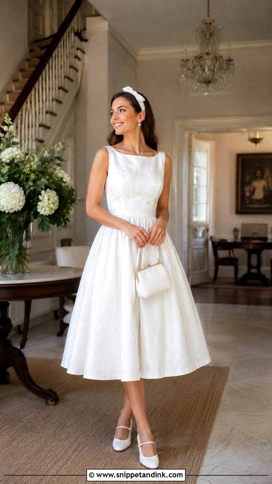 White Tea Length Bridal Party Dress With Mary Jane Heels - Snippet and Ink - 20 Bridal Party Dress for Bride Ideas