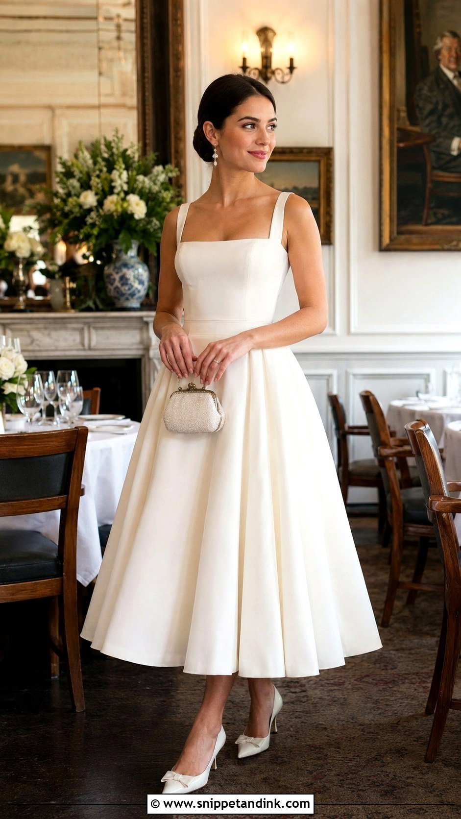 White Tea Length Dress Bride Rehearsal Dinner Outfit - Snippet and Ink - 20 Bride Rehearsal Dinner Outfit Ideas