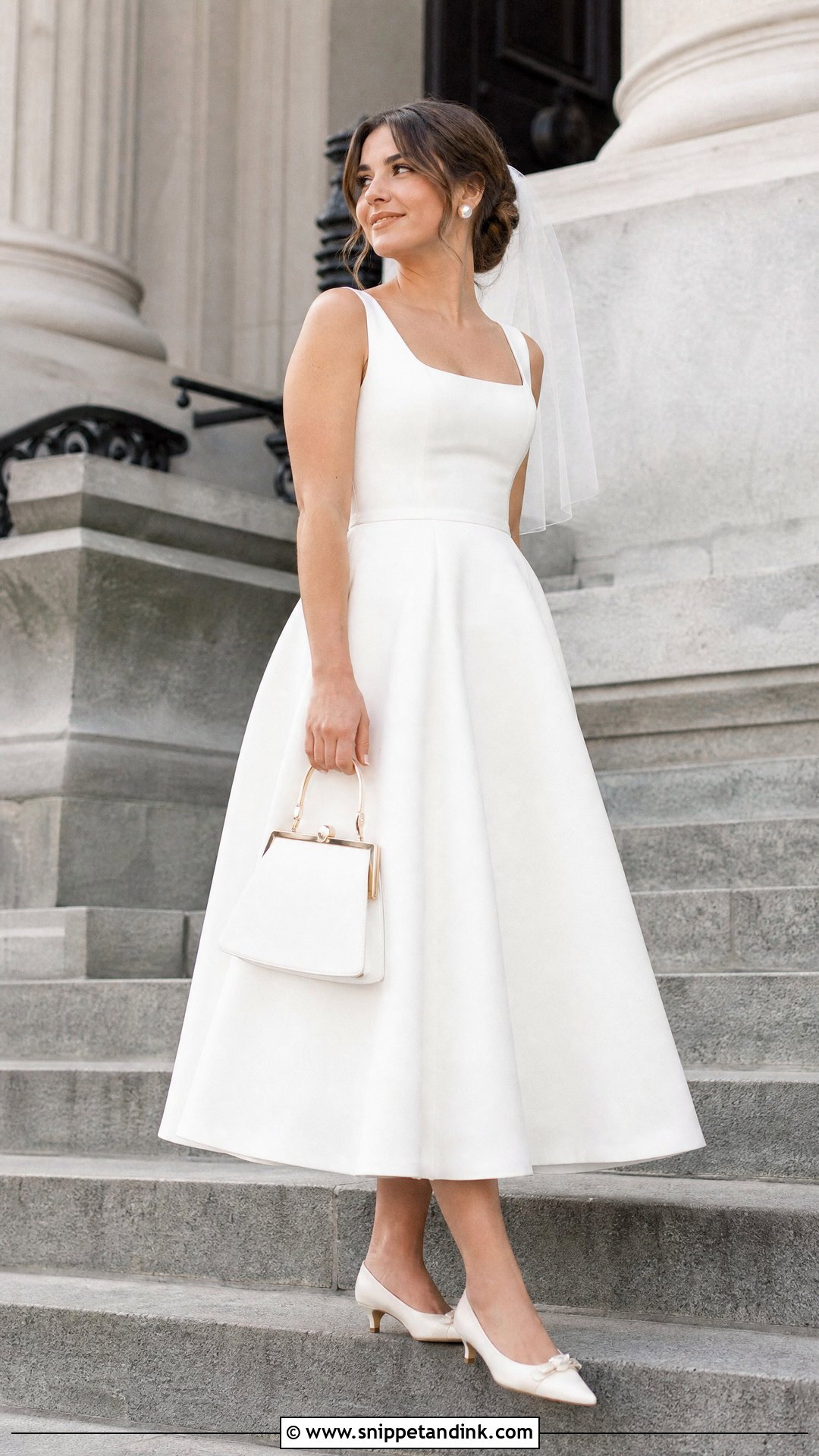 White Tea Length Dress With Kitten Heels - Snippet and Ink - 20 Simple White Dress for Civil Wedding Ideas