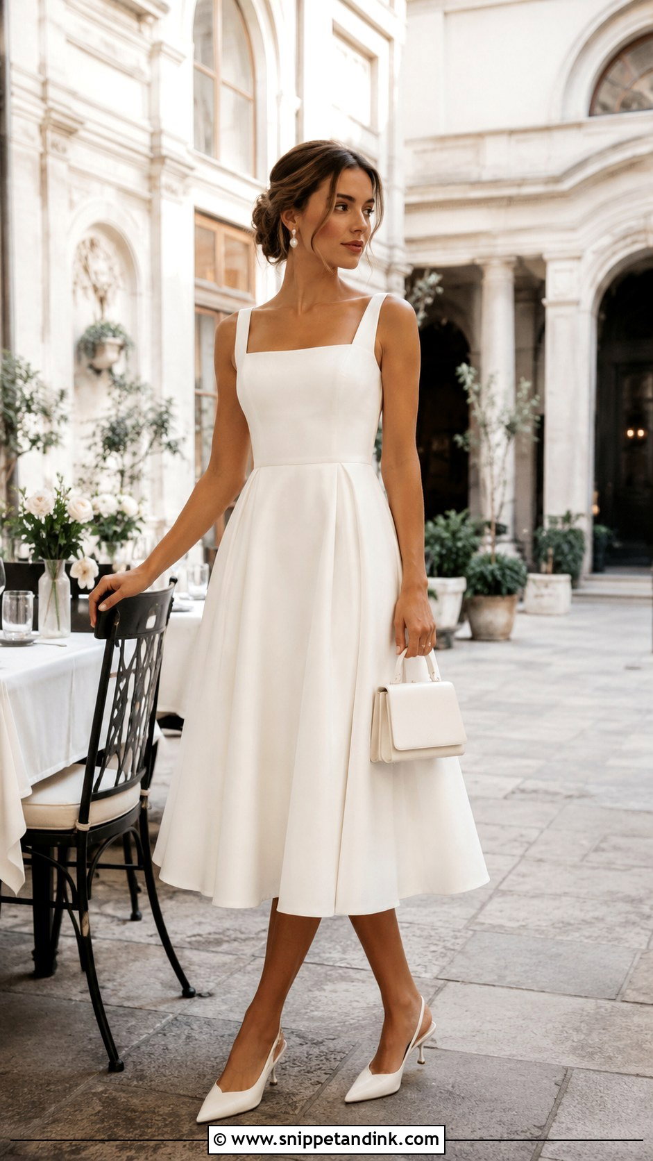 White Tea Length Rehearsal Dinner Dress - Snippet and Ink - 20 Bride Rehearsal Dinner Dress Ideas