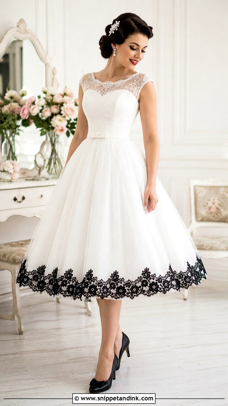 White Tea Length Wedding Dress With Black Lace Hem - Snippet and Ink - 25 White Wedding Dress with Black Lace Ideas