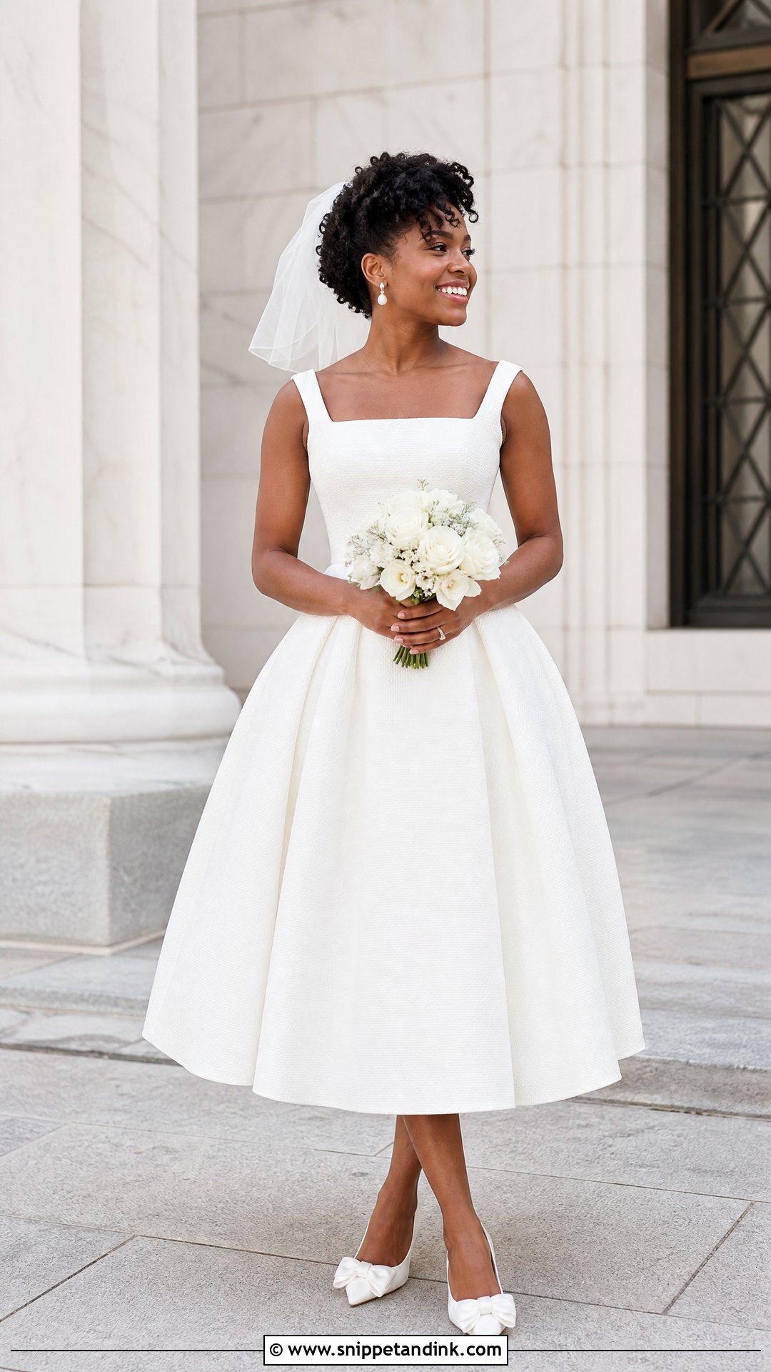 White Tea Length Wedding Dress With Bow Pumps - Snippet and Ink - 20 White Wedding Dresses Black Women