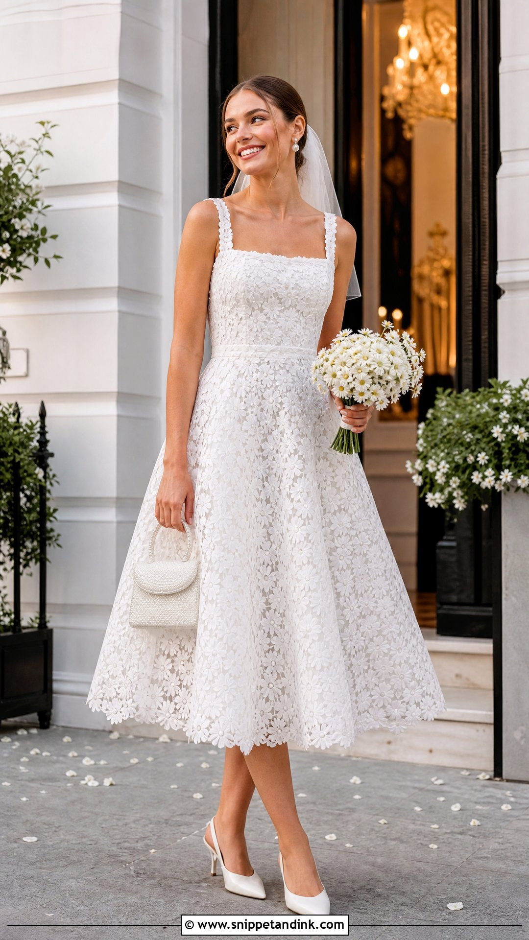 White Tea Length Wedding Dress With Daisy Lace - Snippet and Ink - 20 White Wedding Dress with Flowers