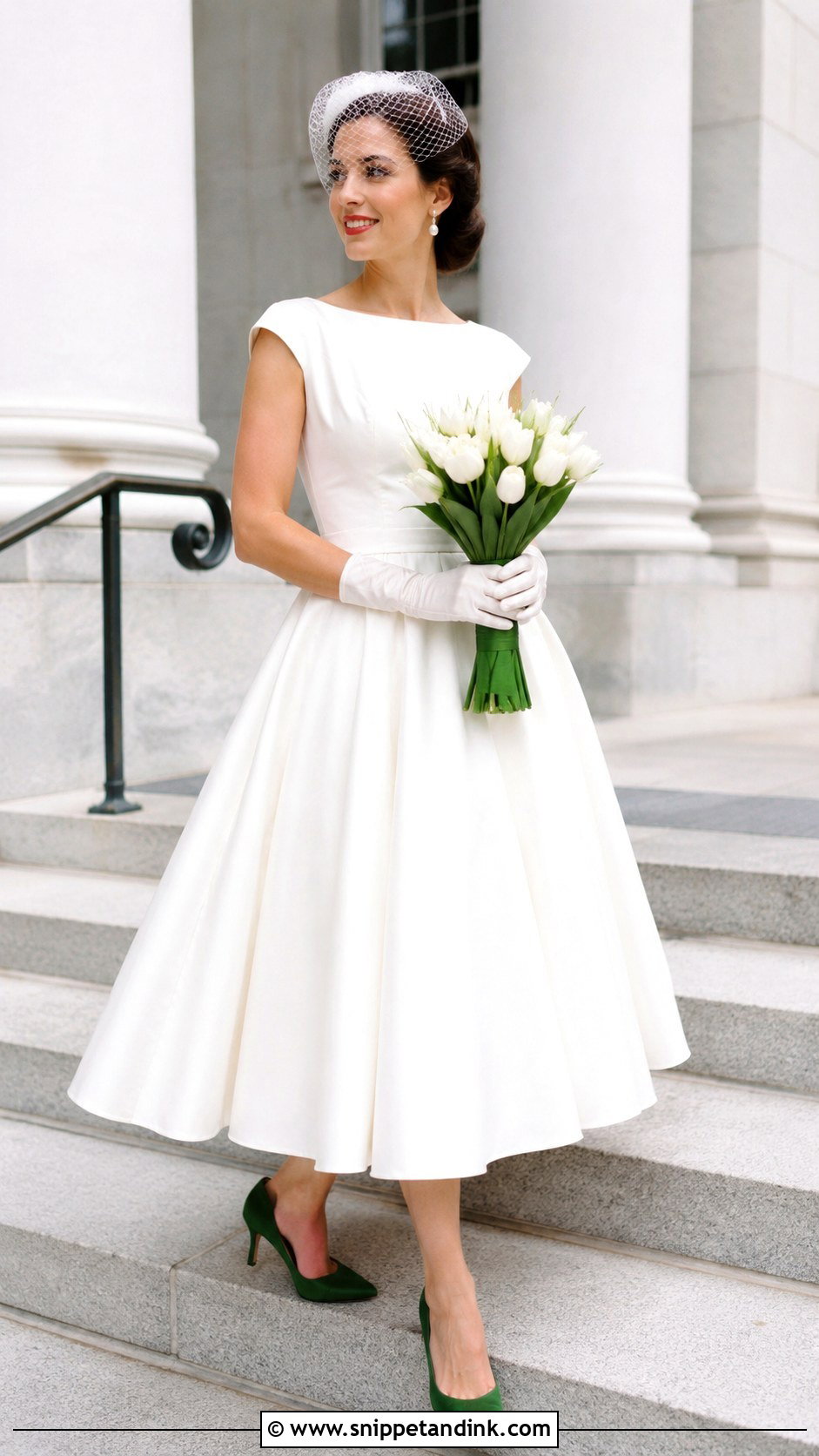 White Tea Length Wedding Dress With Green Heels - Snippet and Ink - 20 White and Green Wedding Dress Ideas