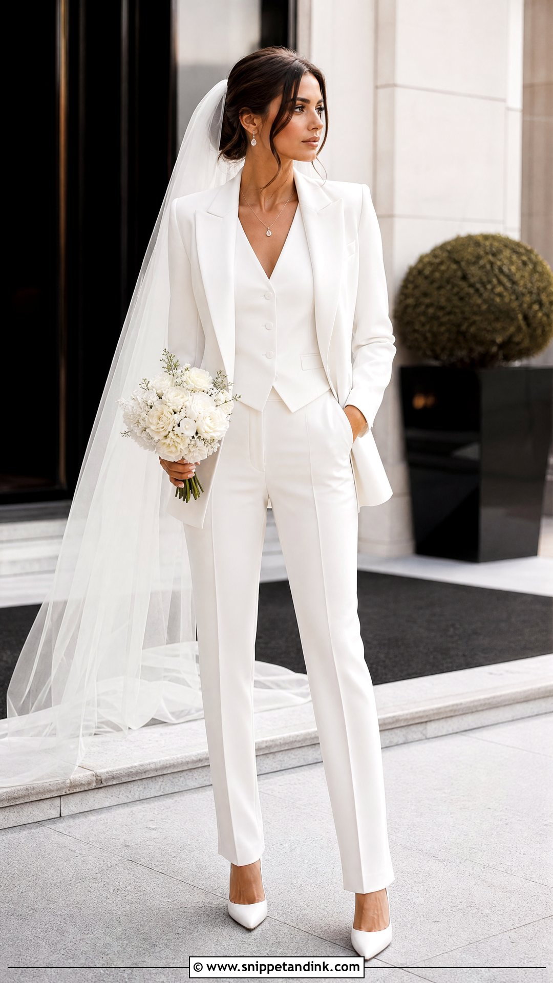 White Three Piece Bridal Suit With Waistcoat - Snippet and Ink - 20 White Bridal Suit Ideas