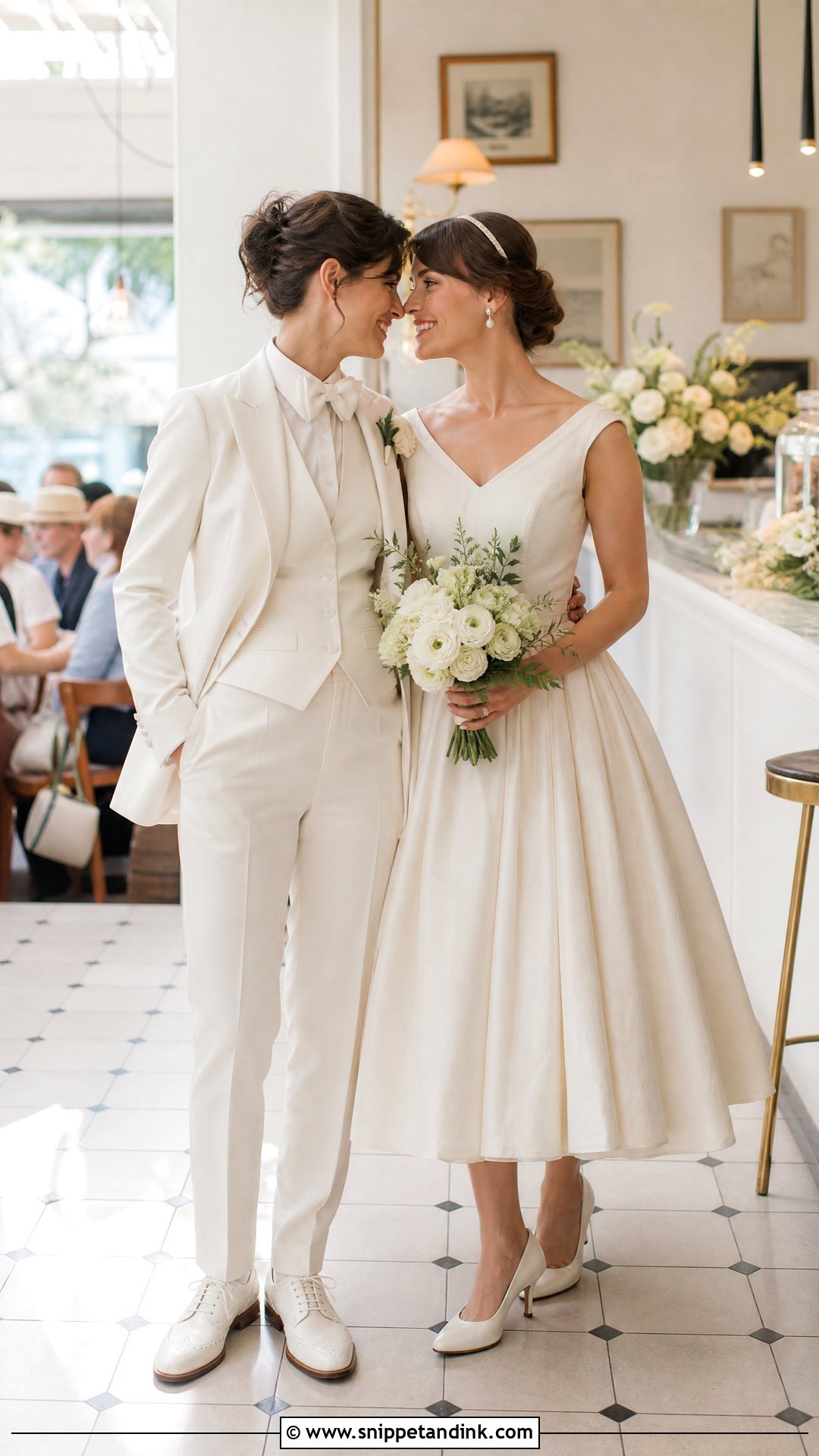 White Three Piece Suit And Tea Length Wedding Dress - Snippet and Ink - 20 WLW Wedding Suit and Dress Ideas