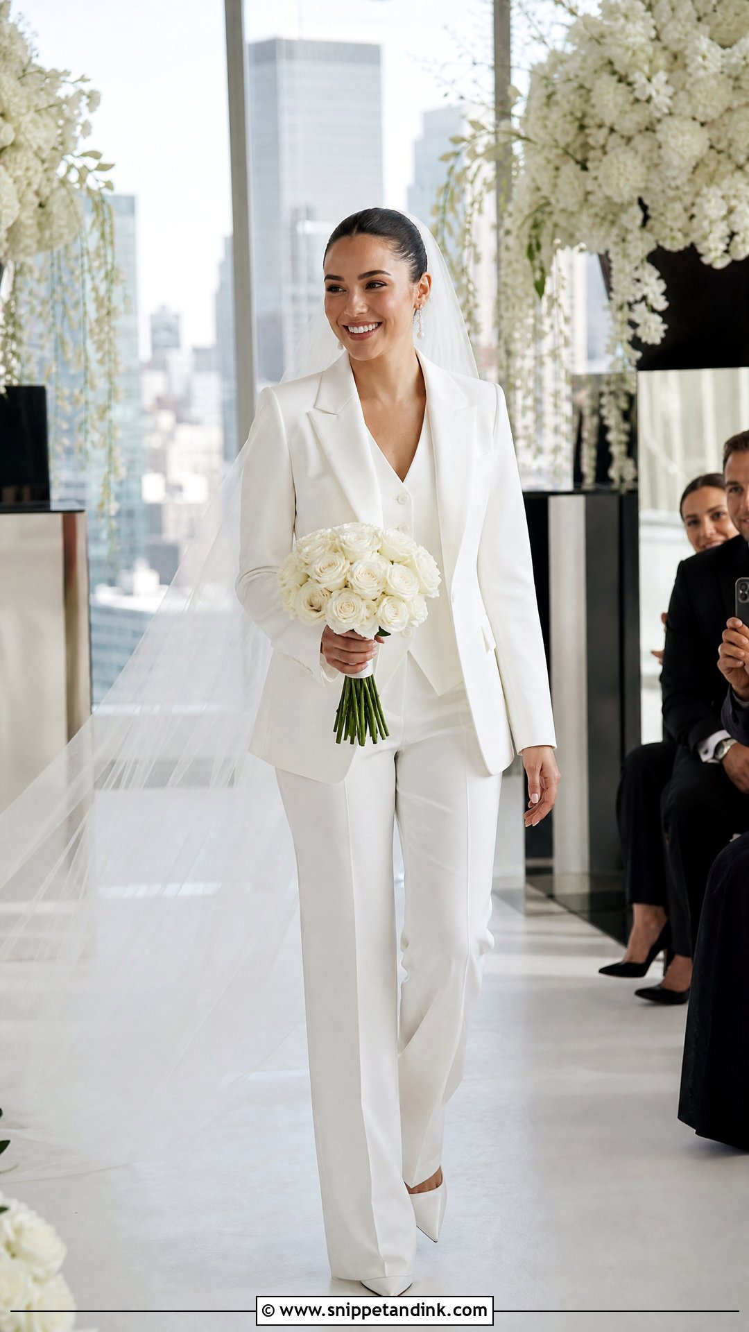 White Three Piece Suit With Bridal Veil - Snippet and Ink - 20 White Suit for Wedding Women Ideas