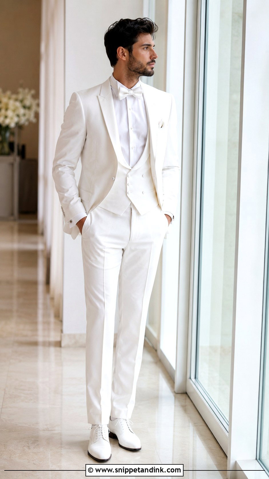 White Three Piece Tuxedo - Snippet and Ink - 20 All White Tuxedo Wedding Ideas