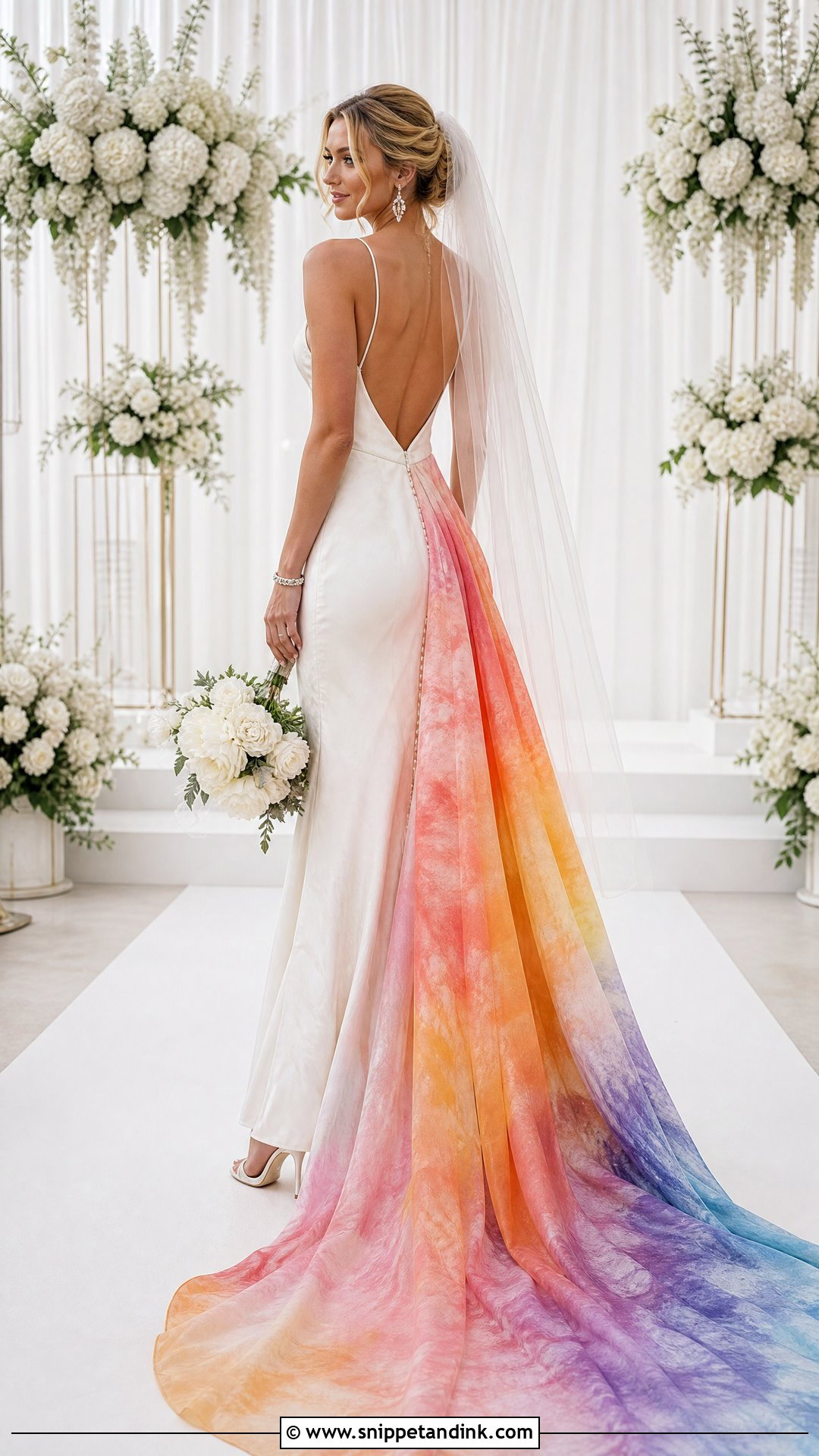 White Tie Dye Wedding Dress With Colorful Train - Snippet and Ink - 20 Tie Dye Wedding Dress Ideas
