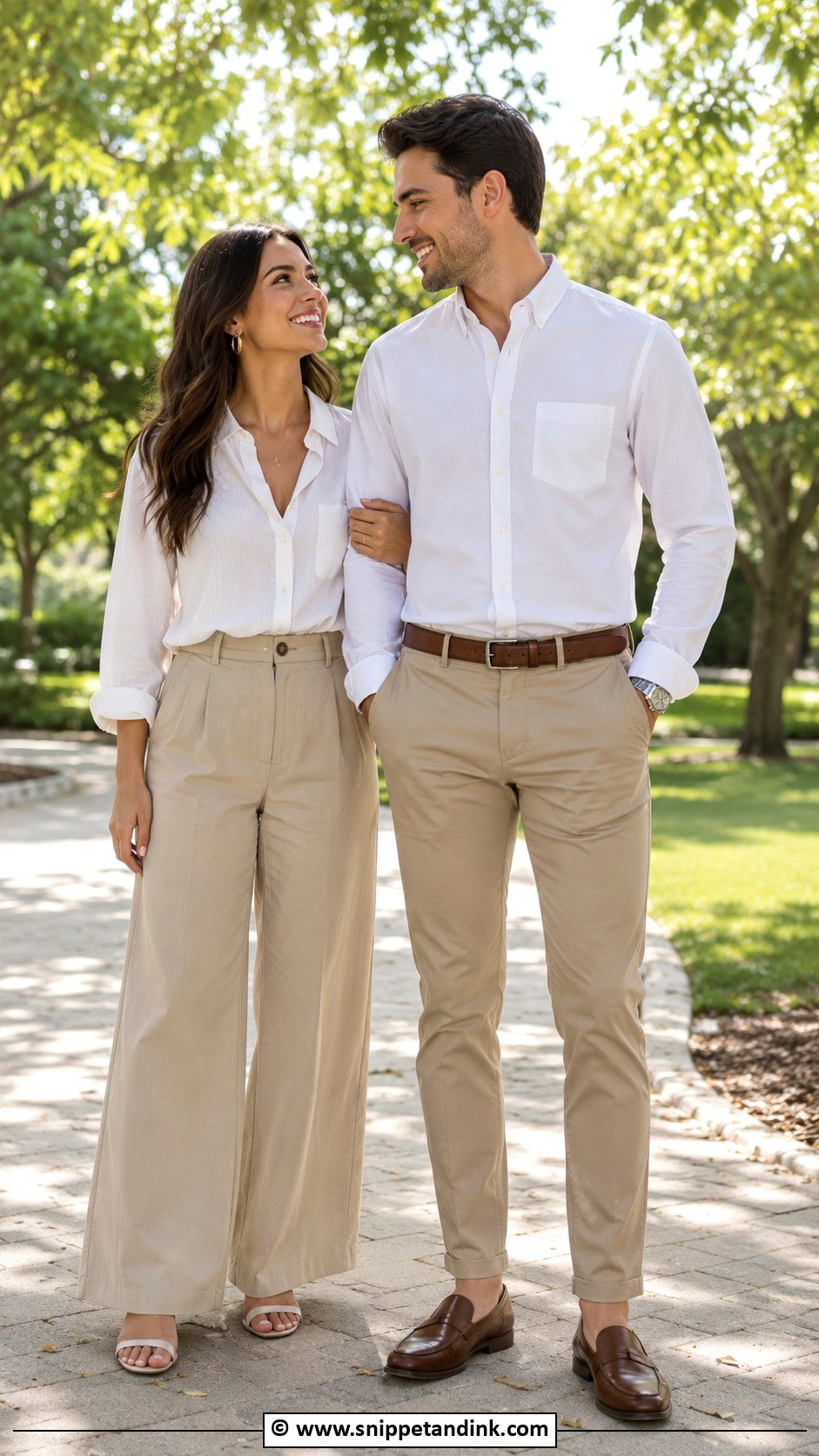 White Top And Khaki Pants Couples Photoshoot Outfit - Snippet and Ink - 30 Couples Photoshoot Outfits