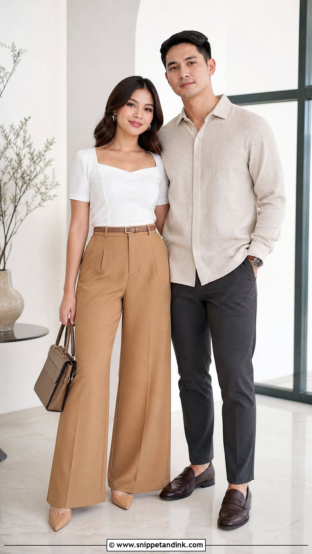 White Top And Wide Leg Pants Prenup Outfit - Snippet and Ink - 25 Pre Nup Outfit Ideas