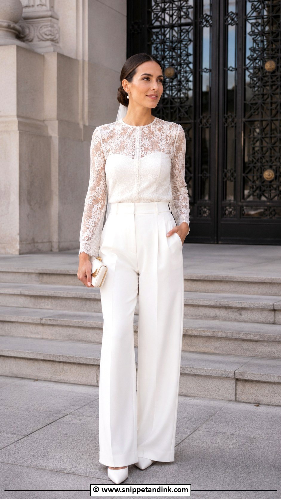 White Trousers And Lace Top Court Wedding Outfit - Snippet and Ink - 30 Court Wedding Outfit the Bride Ideas