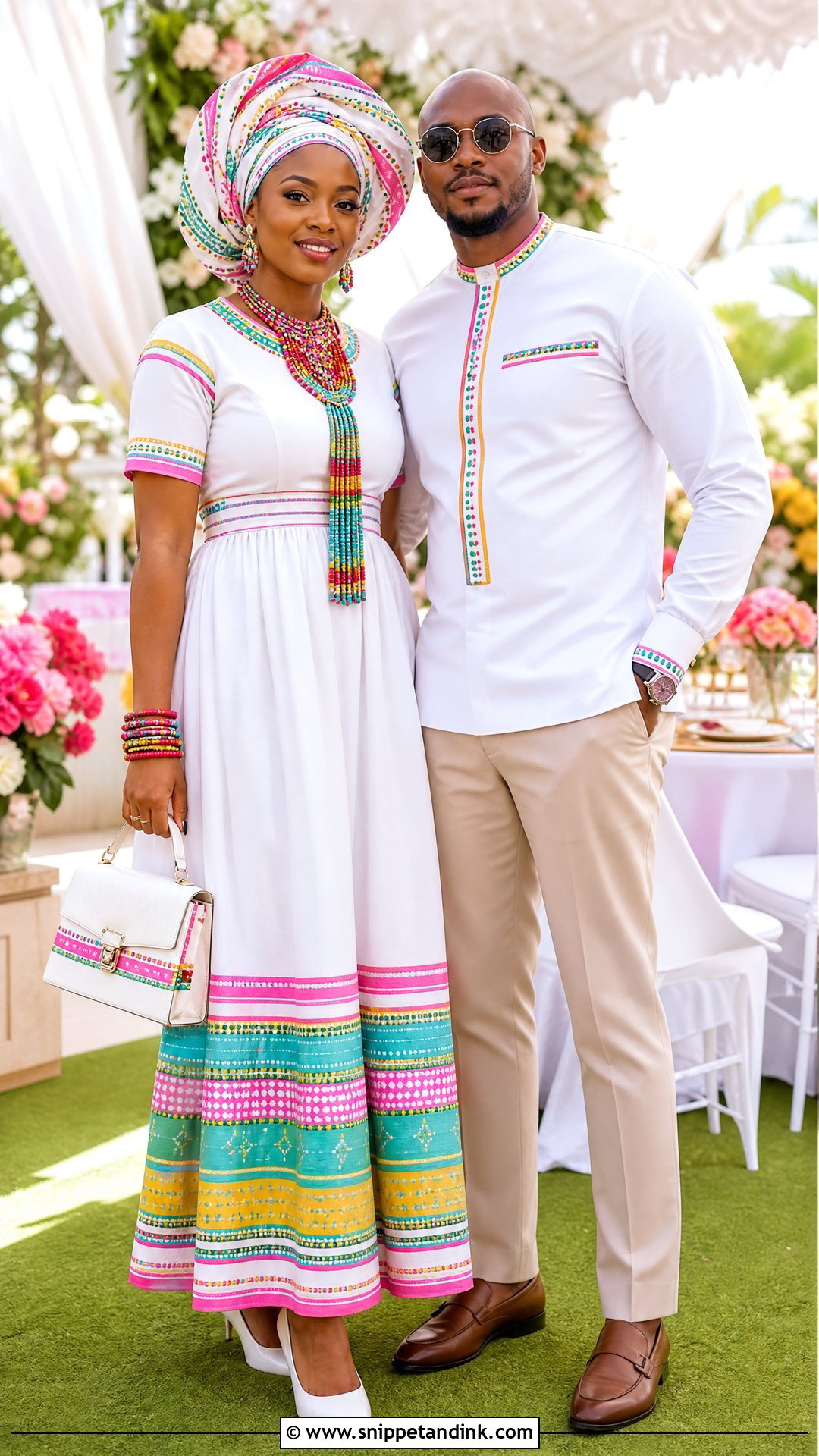 White Tsonga Attire With Colorful Trim - Snippet and Ink - 20 Tsonga Traditional Attire for Couples Ideas