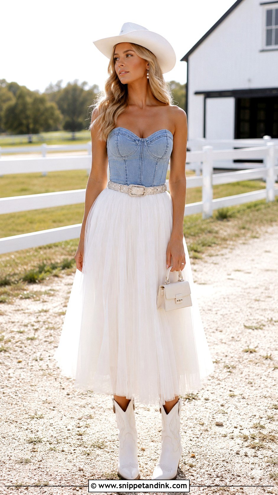 White Tulle Skirt And Denim Corset Cowgirl Outfit - Snippet and Ink - 20 Bride Cowgirl Outfit Ideas
