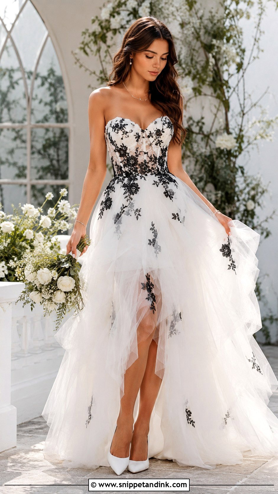 White Tulle Wedding Dress With Black Lace Flowers - Snippet and Ink - 25 White Wedding Dress with Black Lace Ideas