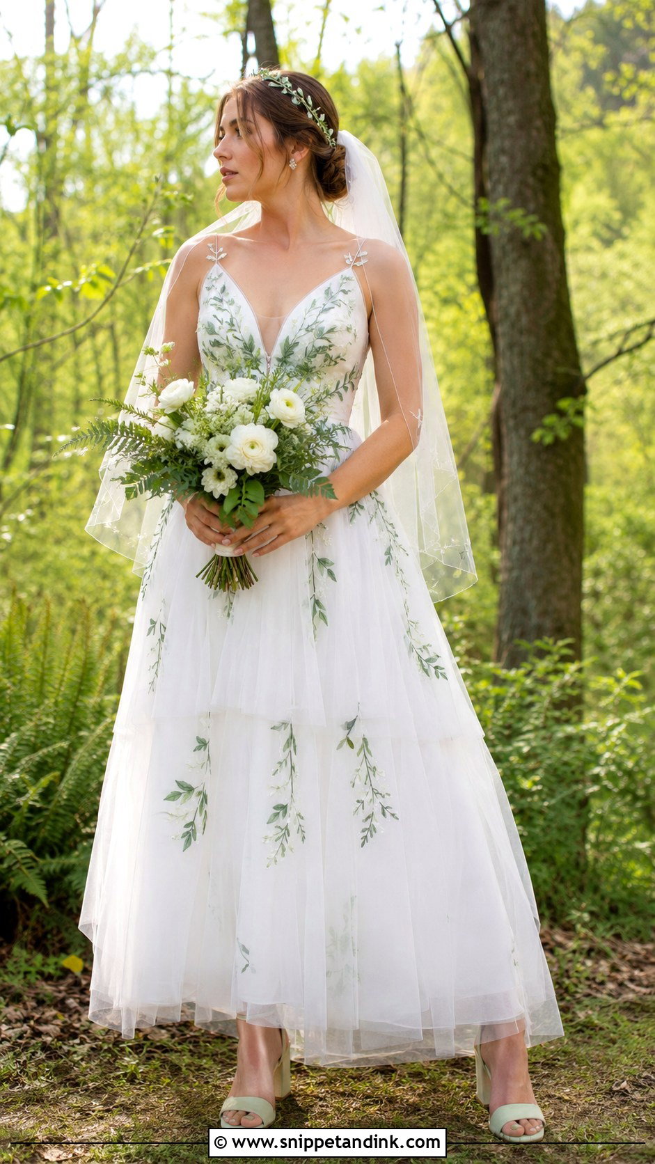 White Tulle Wedding Dress With Green Floral Appliques - Snippet and Ink - 20 White and Green Wedding Dress Ideas