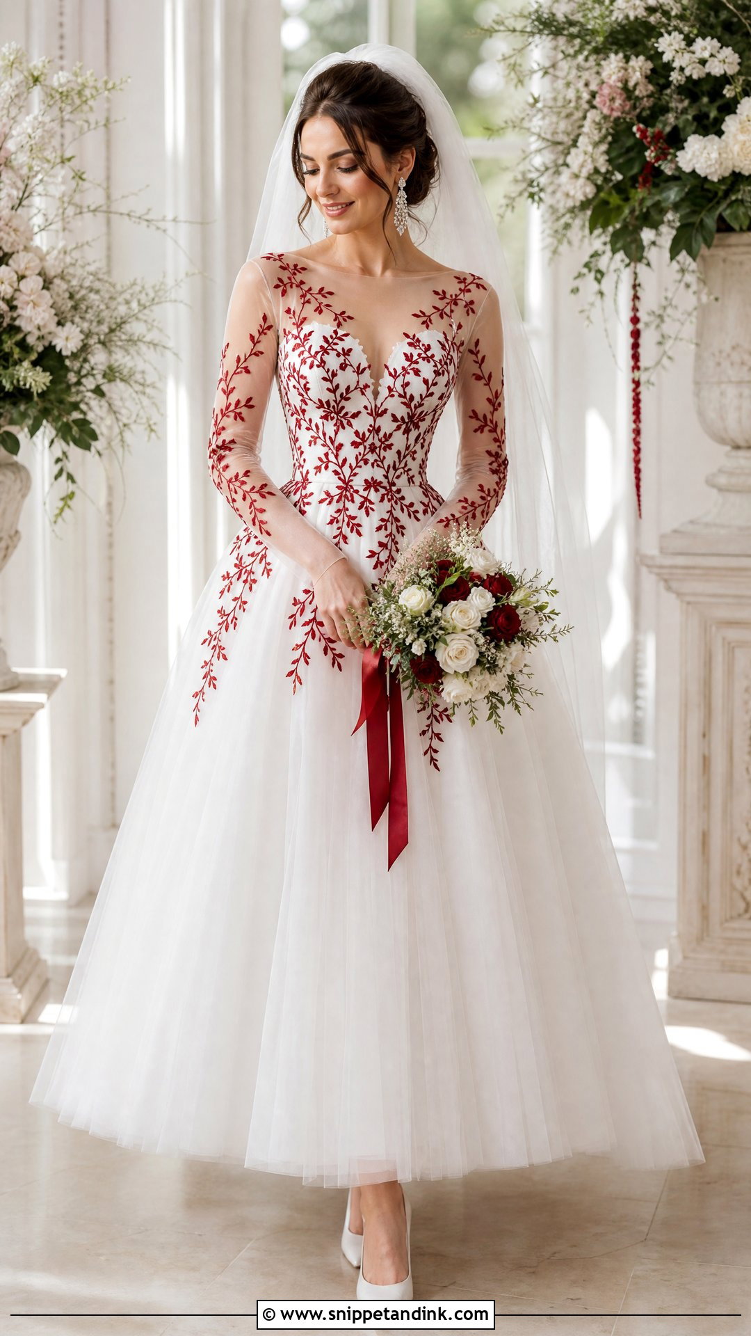White Tulle Wedding Dress With Red Embroidery - Snippet and Ink - 25 Red and White Wedding Dress Ideas