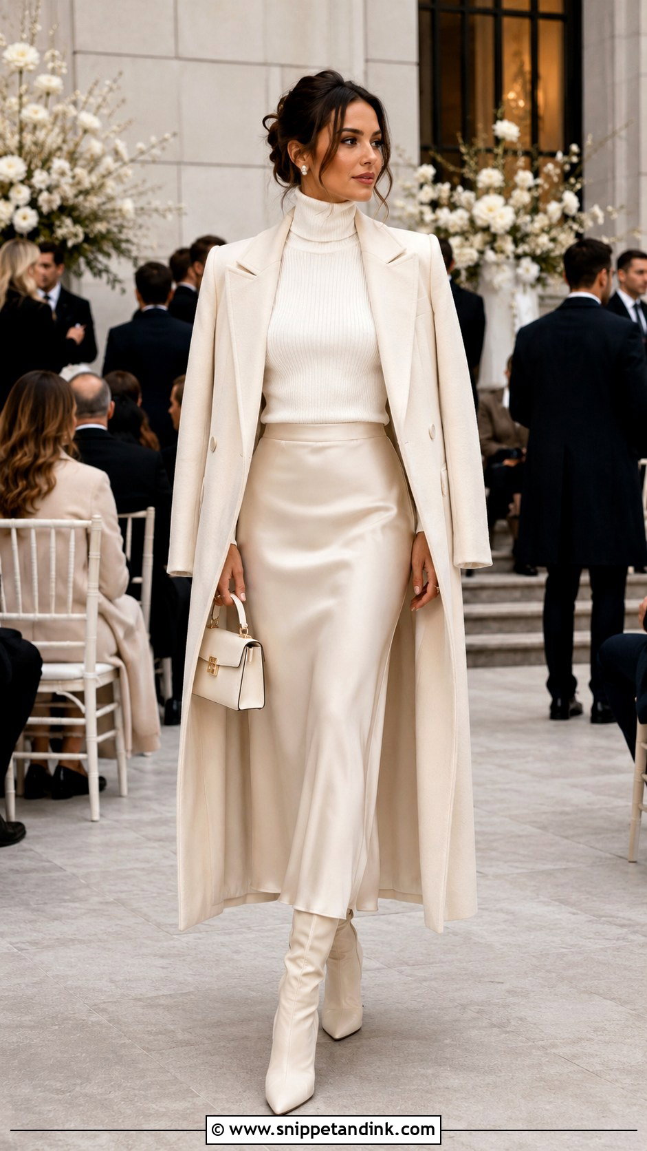 White Turtleneck With Satin Skirt - Snippet and Ink - 25 Winter Civil Wedding Outfit Ideas