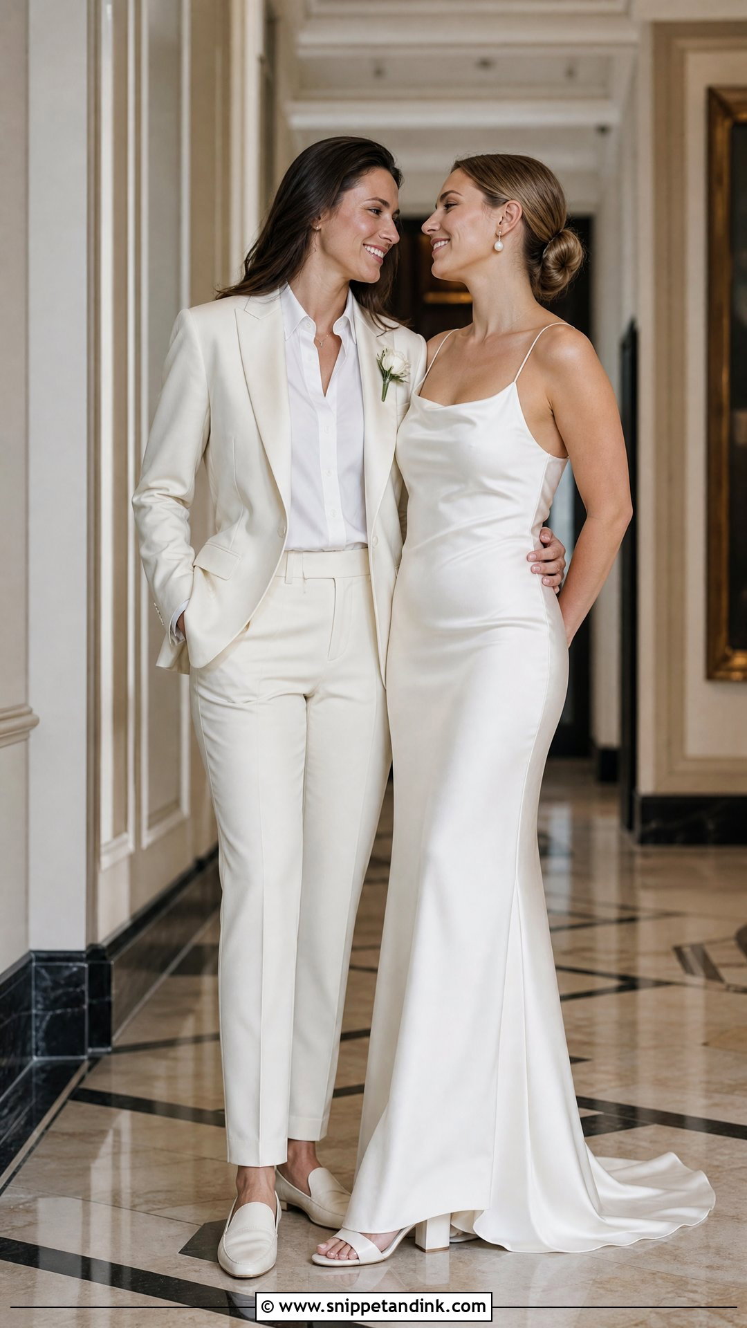 White Tuxedo And Satin Wedding Dress - Snippet and Ink - 20 WLW Wedding Suit and Dress Ideas