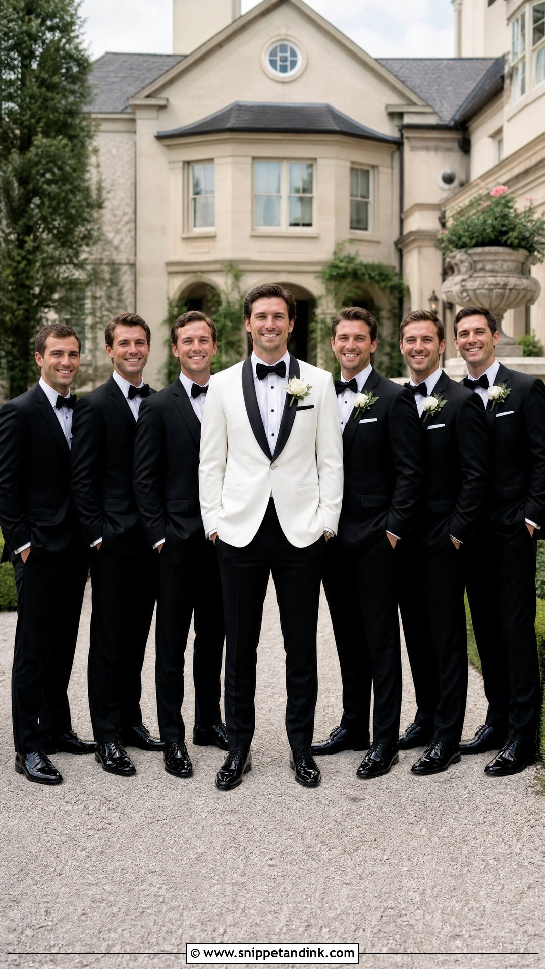 White Tuxedo Groom With Black Tuxedo Groomsmen - Snippet and Ink - 20 White and Black Tuxedo Wedding Ideas