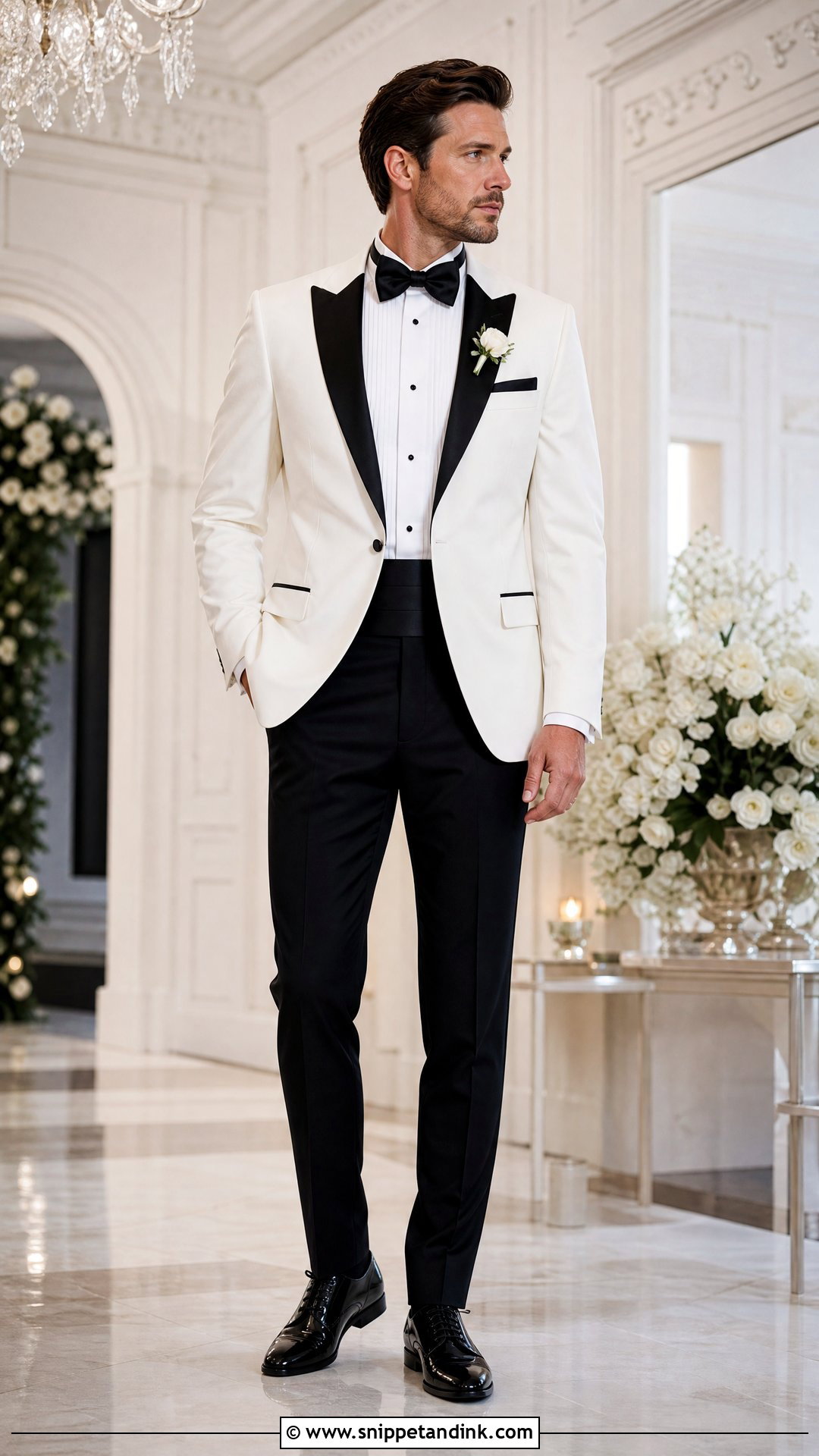 White Tuxedo Jacket With Black Pants - Snippet and Ink - 20 White and Black Tuxedo Wedding Ideas