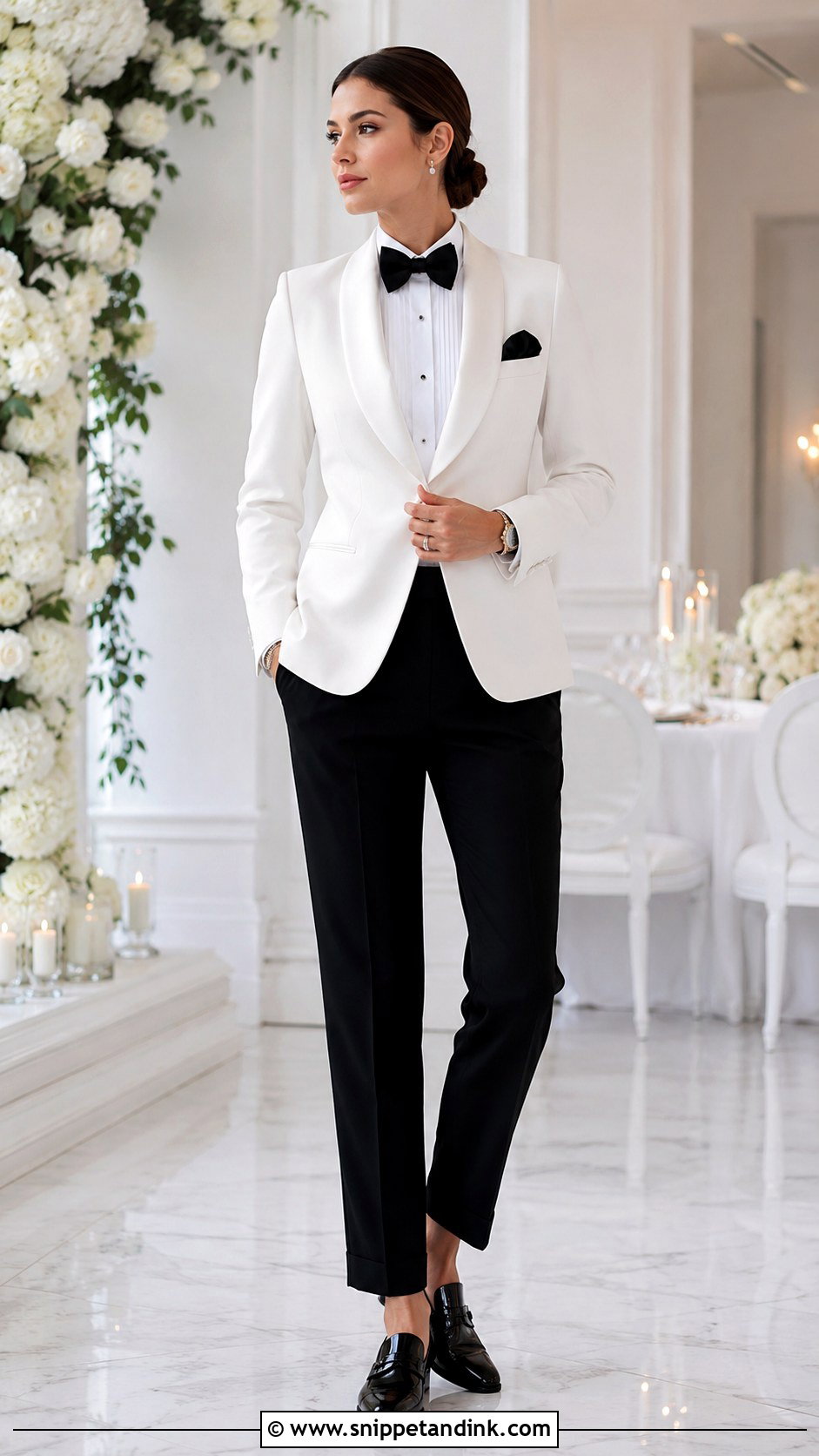 White Tuxedo Jacket With Black Pants - Snippet and Ink - 25 Lesbian Wedding Suit Ideas