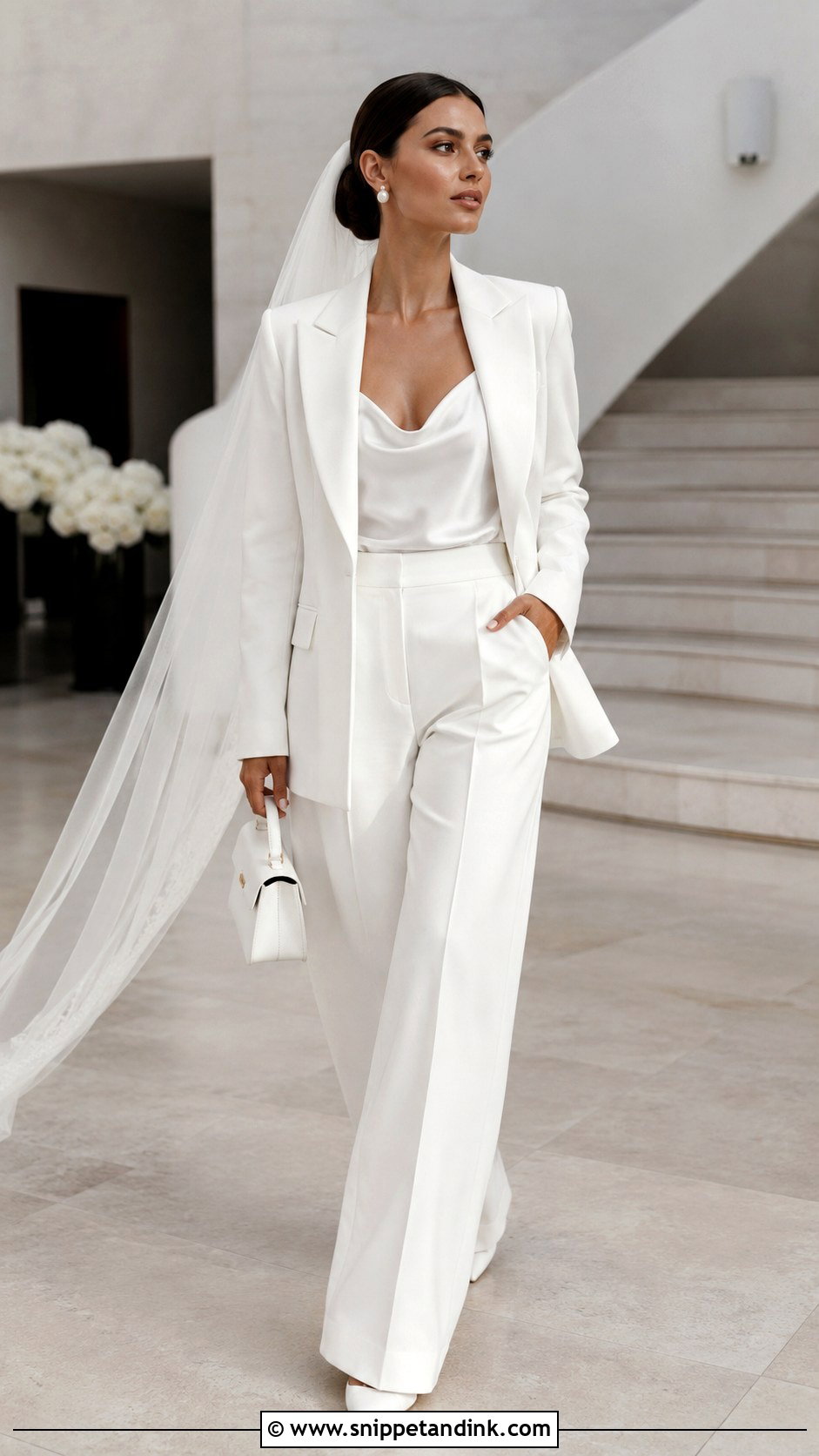 White Tuxedo Suit Bridal Cocktail Outfit - Snippet and Ink - 20 Cocktail Outfit for Bride Ideas