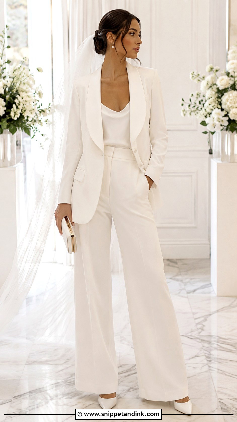 White Tuxedo Wedding Outfit For Women - Snippet and Ink - 20 All White Tuxedo Wedding Ideas