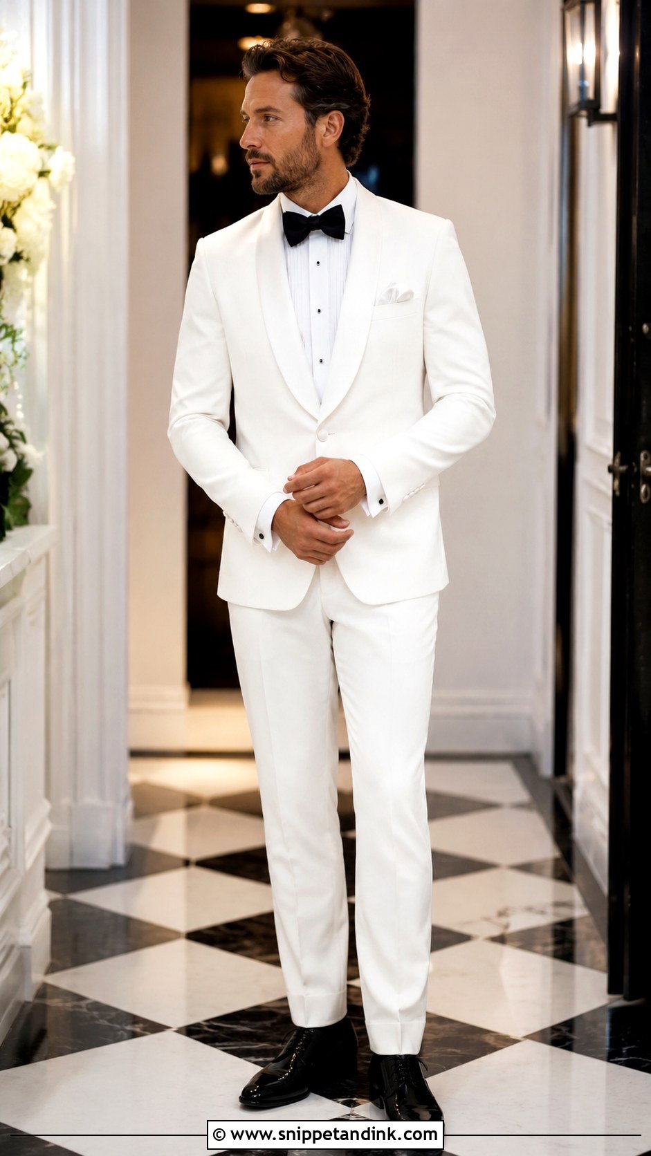 White Tuxedo With Black Bow Tie - Snippet and Ink - 20 All White Tuxedo Wedding Ideas