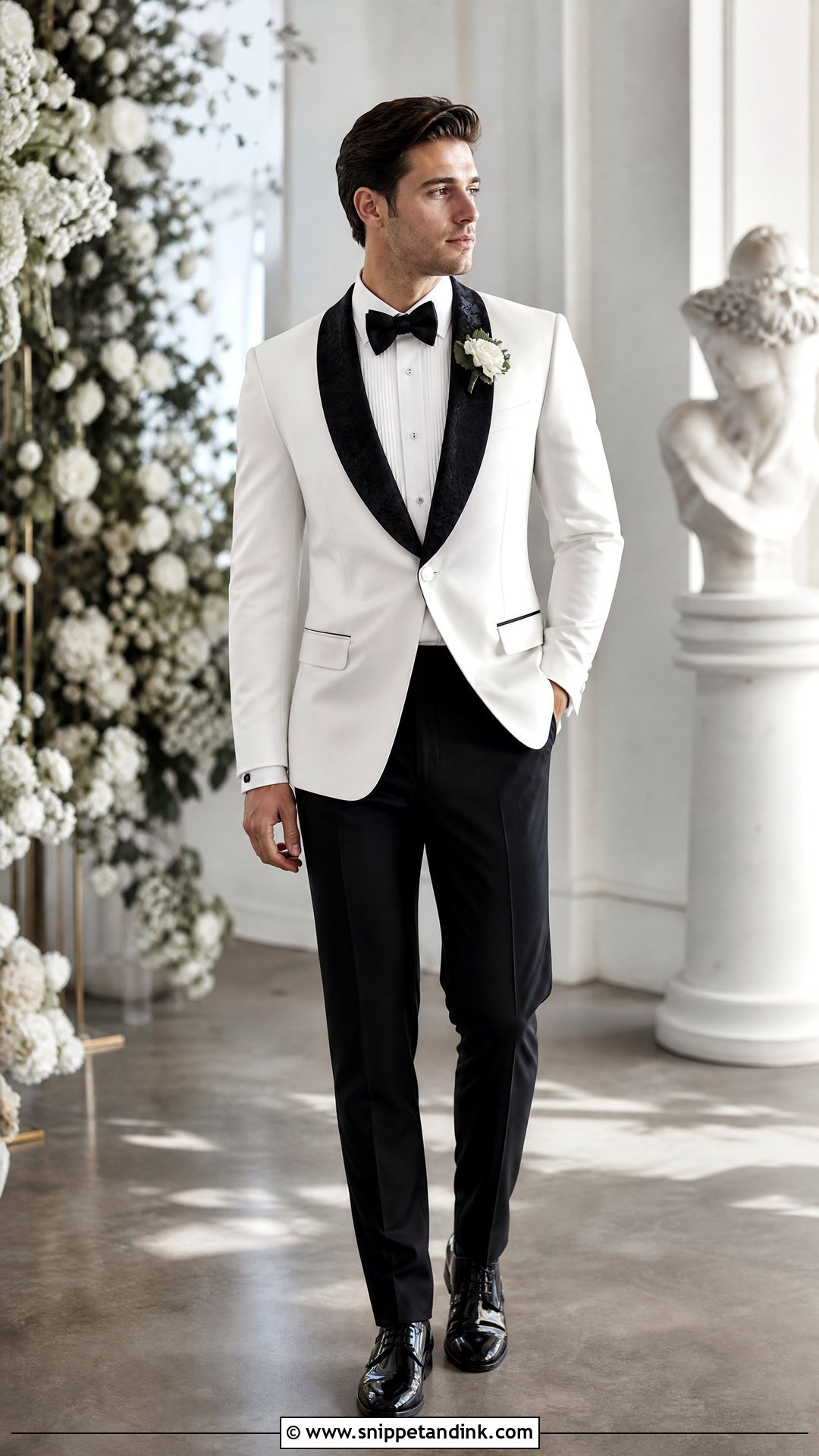 White Tuxedo With Black Floral Jacquard Lapel - Snippet and Ink - 20 White and Black Tuxedo Wedding Ideas