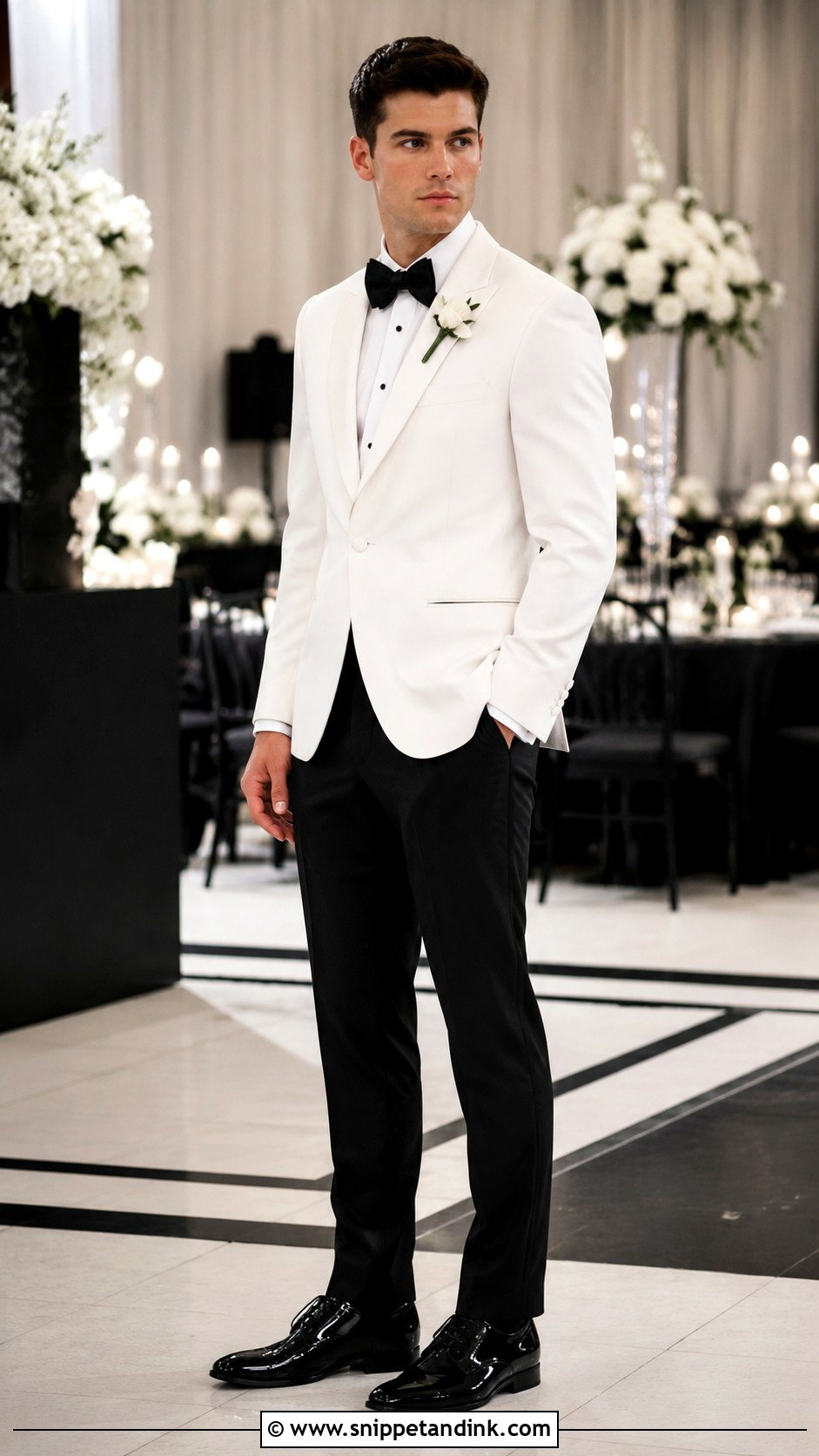 White Tuxedo With Black Pants Wedding Look - Snippet and Ink - 30 Tuxedo Wedding Ideas