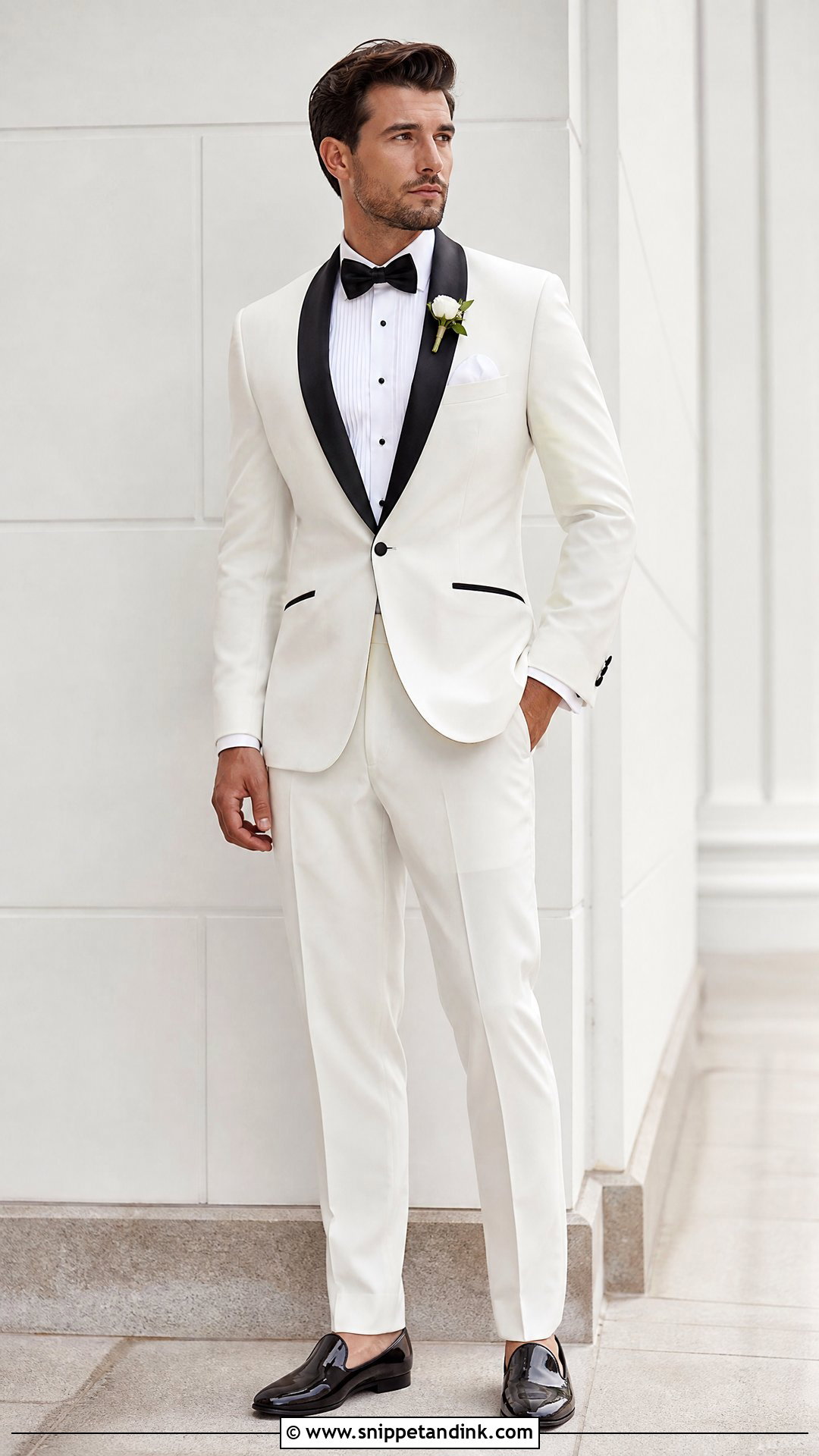 White Tuxedo With Black Shawl Lapel - Snippet and Ink - 20 White and Black Tuxedo Wedding Ideas