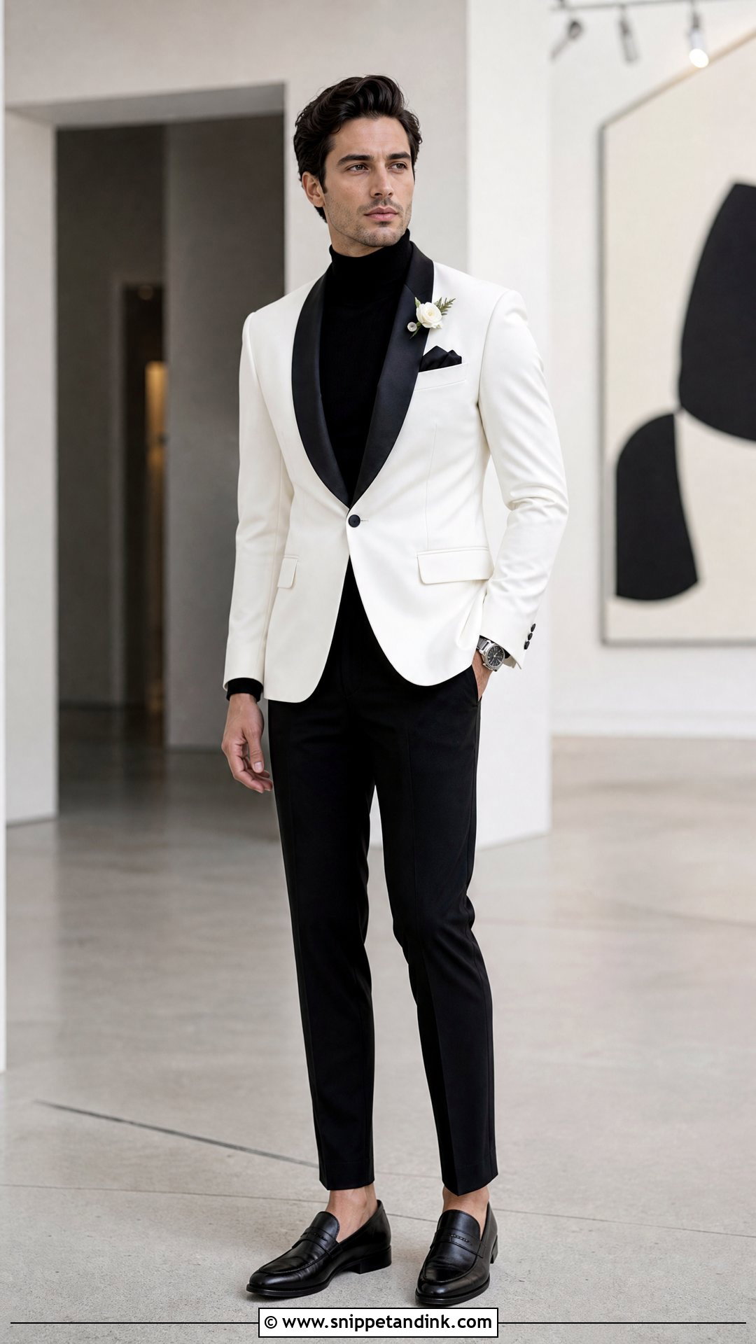 White Tuxedo With Black Turtleneck - Snippet and Ink - 20 White and Black Tuxedo Wedding Ideas