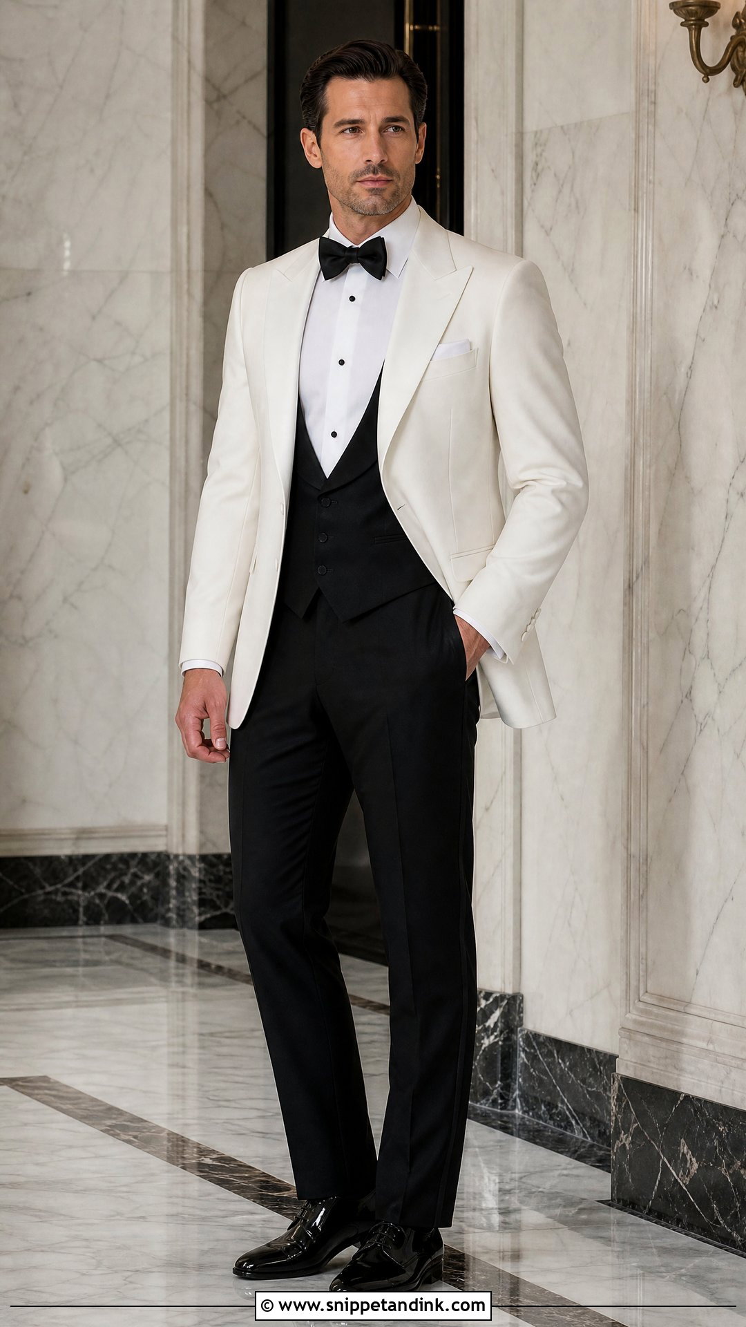 White Tuxedo With Black Waistcoat - Snippet and Ink - 20 White and Black Tuxedo Wedding Ideas