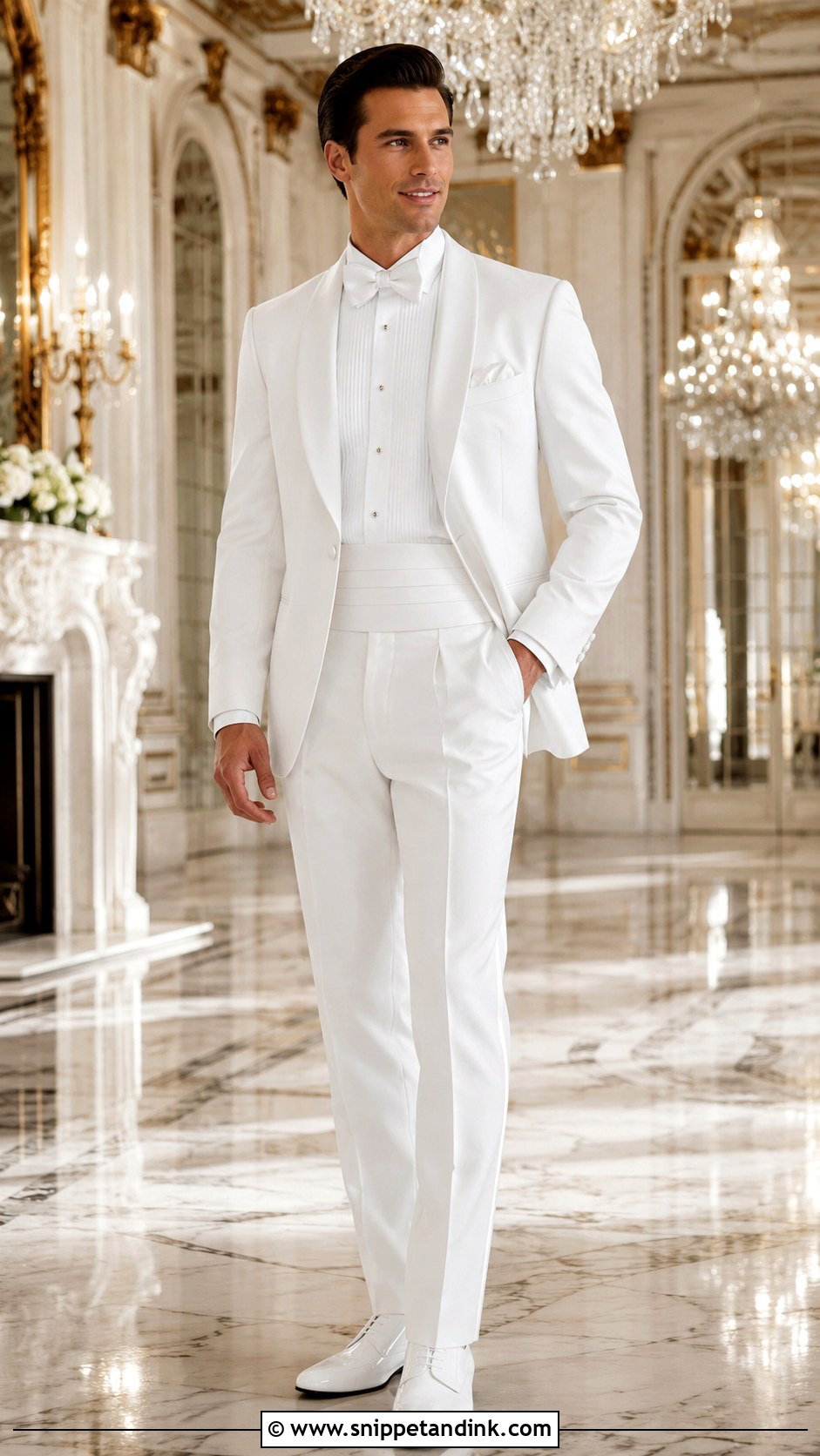 White Tuxedo With Cummerbund - Snippet and Ink - 20 All White Tuxedo Wedding Ideas
